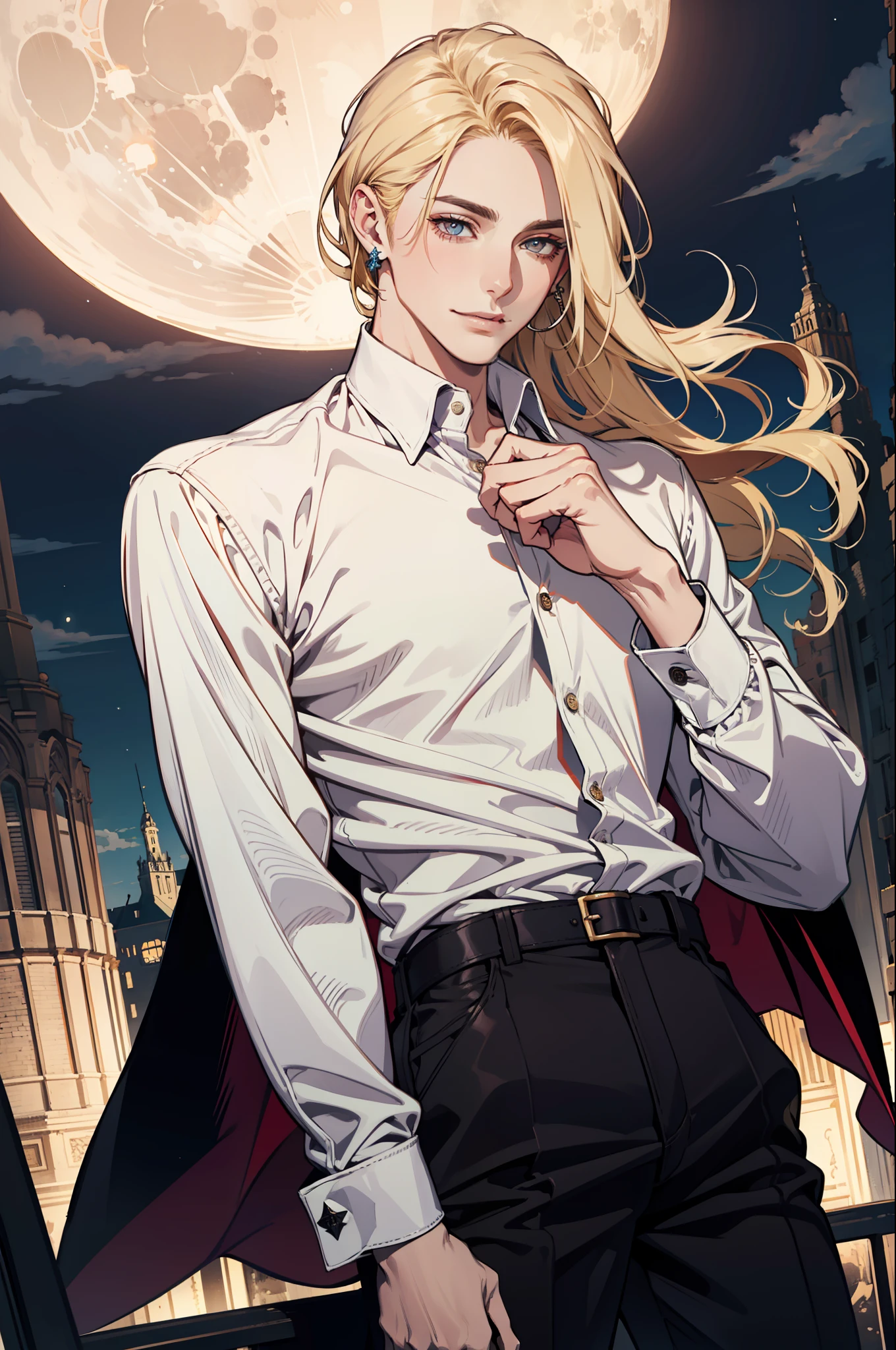 (absurdres, highres, ultra detailed), 1man, 30 years old man, adult man, handsome, tall,, finely detailed eyes and detailed face, leather pants, (((white shirt))), night, smile, dutch angle, ((long hair, blonde hair)), moon, gold details, earrings, gothic, vampire, vampire prince, dark, simple clothes, looking at the view, pale skin, red detailed eyes, (masculine), sexy, elegant, long bangs, detailed hands