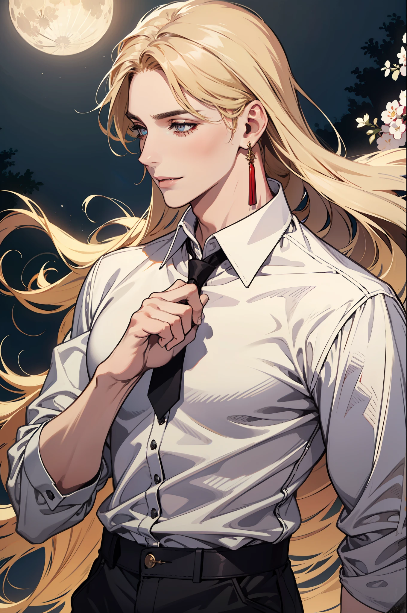 (absurdres, highres, ultra detailed), 1man, 30 years old man, adult man, handsome, tall,, finely detailed eyes and detailed face, leather pants, (((white shirt))), night, smile, dutch angle, ((long hair, blonde hair)), moon, gold details, earrings, gothic, vampire, vampire prince, dark, simple clothes, looking at the view, pale skin, red detailed eyes, (masculine), sexy, elegant, long bangs, detailed hands
