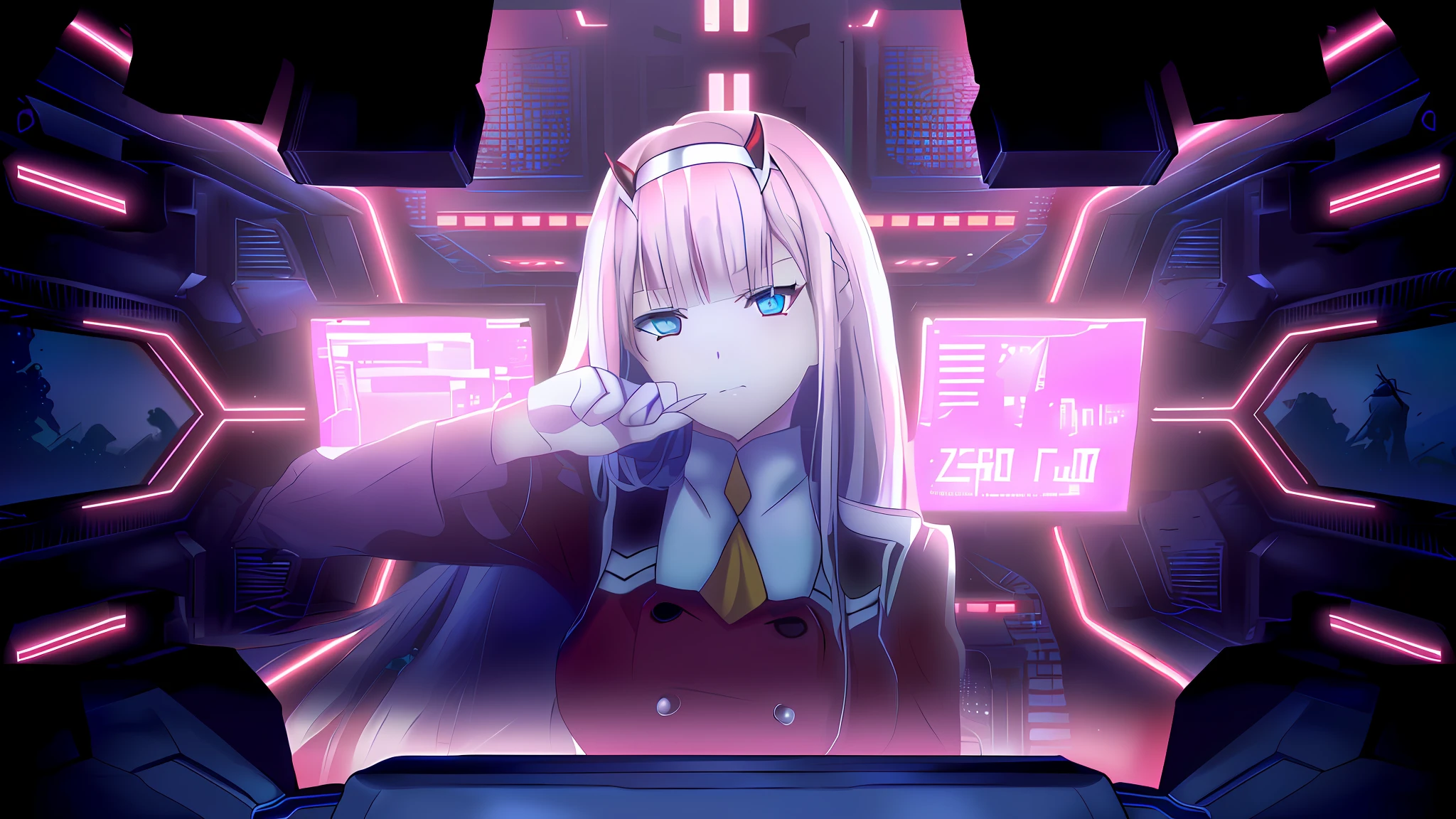 anime girl with long hair and blue eyes in a futuristic room, zero two, from the azur lane videogame, azur lane style, best anime 4k konachan wallpaper, modern cyberpunk anime, nanogirlv 2, katana zero video game character, digital cyberpunk anime art, characters from azur lane, ****sh, android heroine, visual novel cg