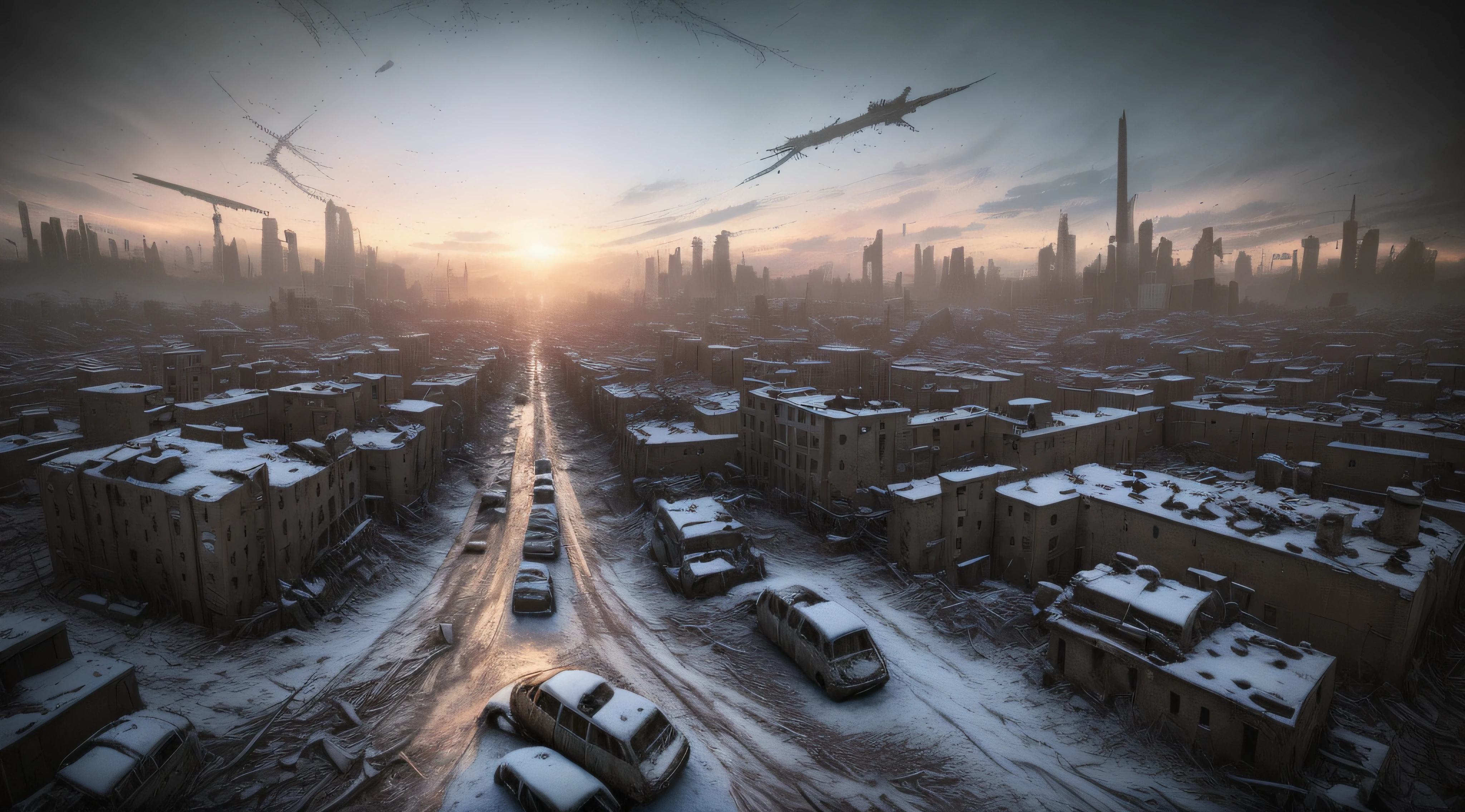 end of the world, epic realistic, (hdr:1.4), (muted colors:1.4), apocalypse, freezing, abandoned, neutral colors, night, screen space refractions, (intricate details), (intricate details, hyperdetailed:1.2), artstation, cinematic shot, vignette, complex background, buildings, snowy, fallout, art deco, war-torn city, retro --v 6