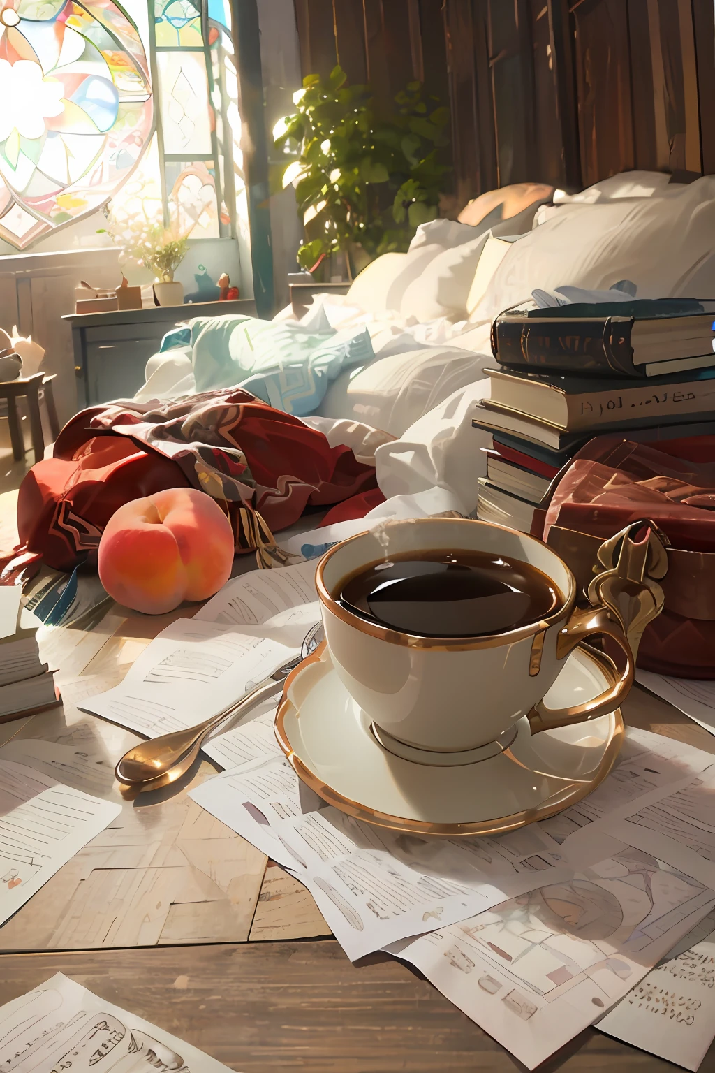 art by Cornflower, cup of coffee, cookies and peaches, books, paper, wooden table, dreamy, soft light, dreamy, cozy home, lazy morning, sunrise light from the stained glass window, vintage house, wooden walls