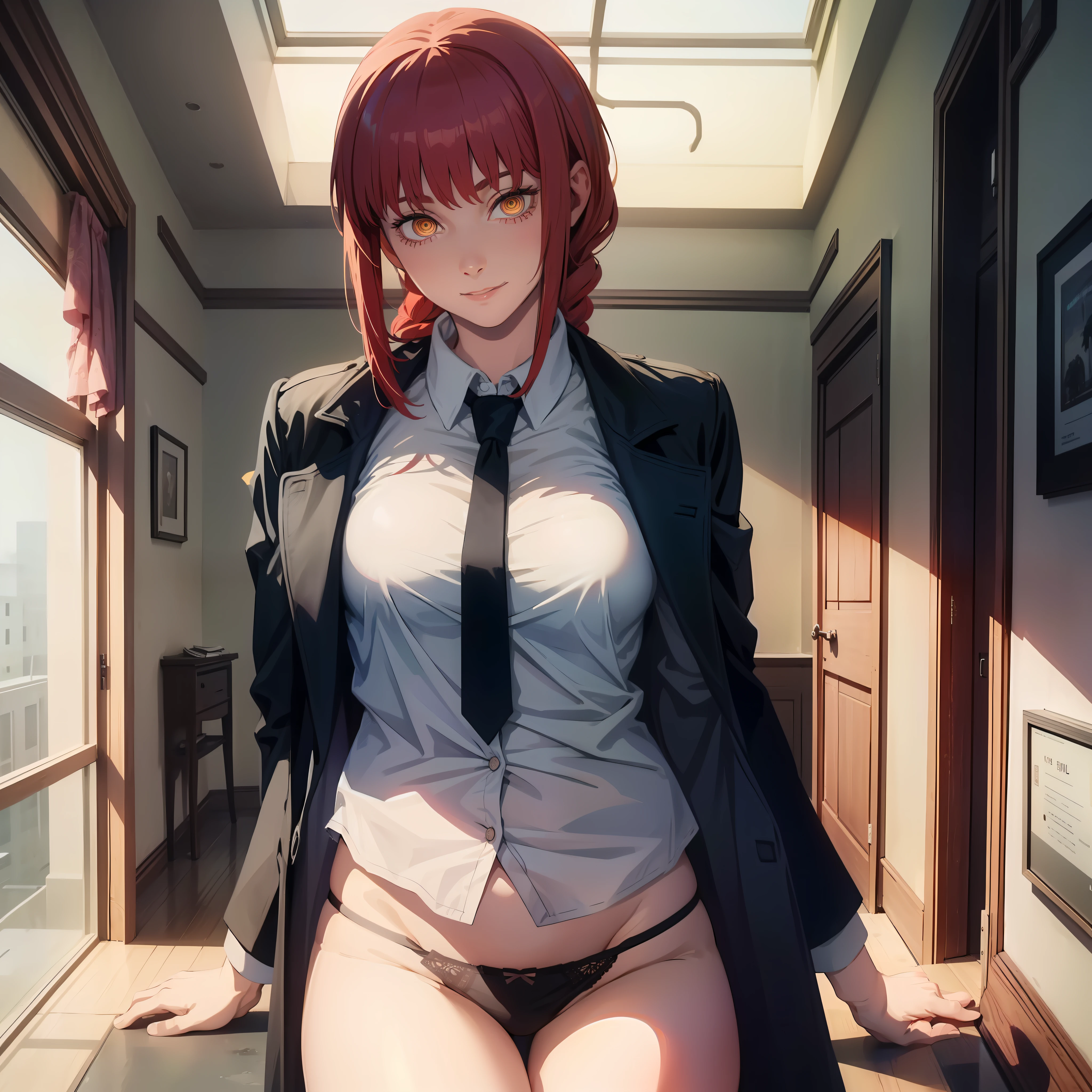 High quality, best quality, masterpiece, 8K, ultra-real, ridiculous, vibrator in panties, 1 girl, office, red hair, business suit, skirt, 1girl, waist up, light smile, shiny skin Best quality, masterpiece, (photorealistic: 1.4),dressed in black office clothes,jacket and tie