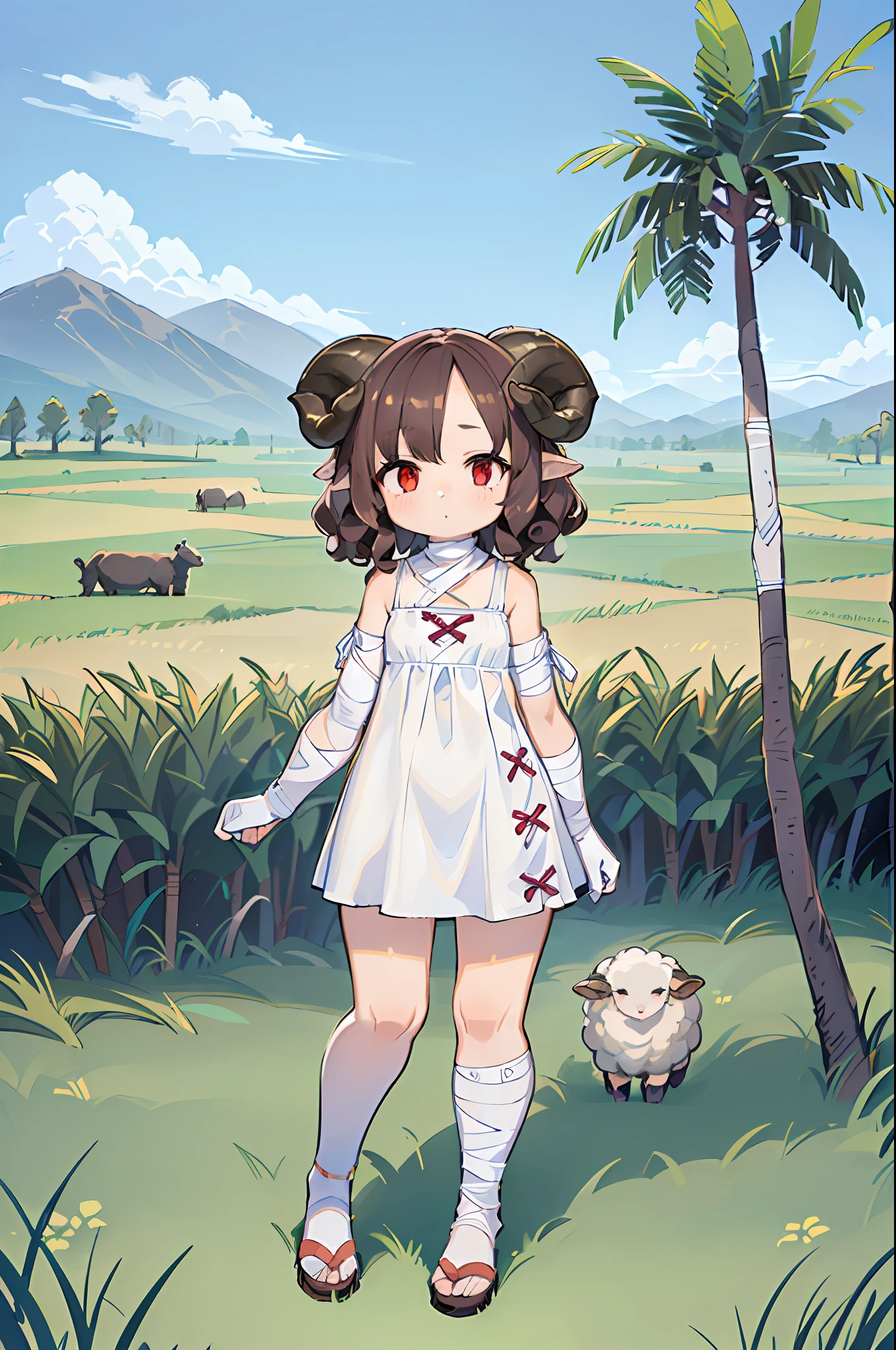 ((Full body):1.5),((9-year-old girl /with sheep's horns):1.5), bulging hips,((brown curly hair):1.2),((bandaged arms and legs):1.4)(wearing a white dress:1.4),(sandals:1.4) ((red eyes):1.3), looking at the viewer, in a ((grass tree field in the background):1.5),4k,