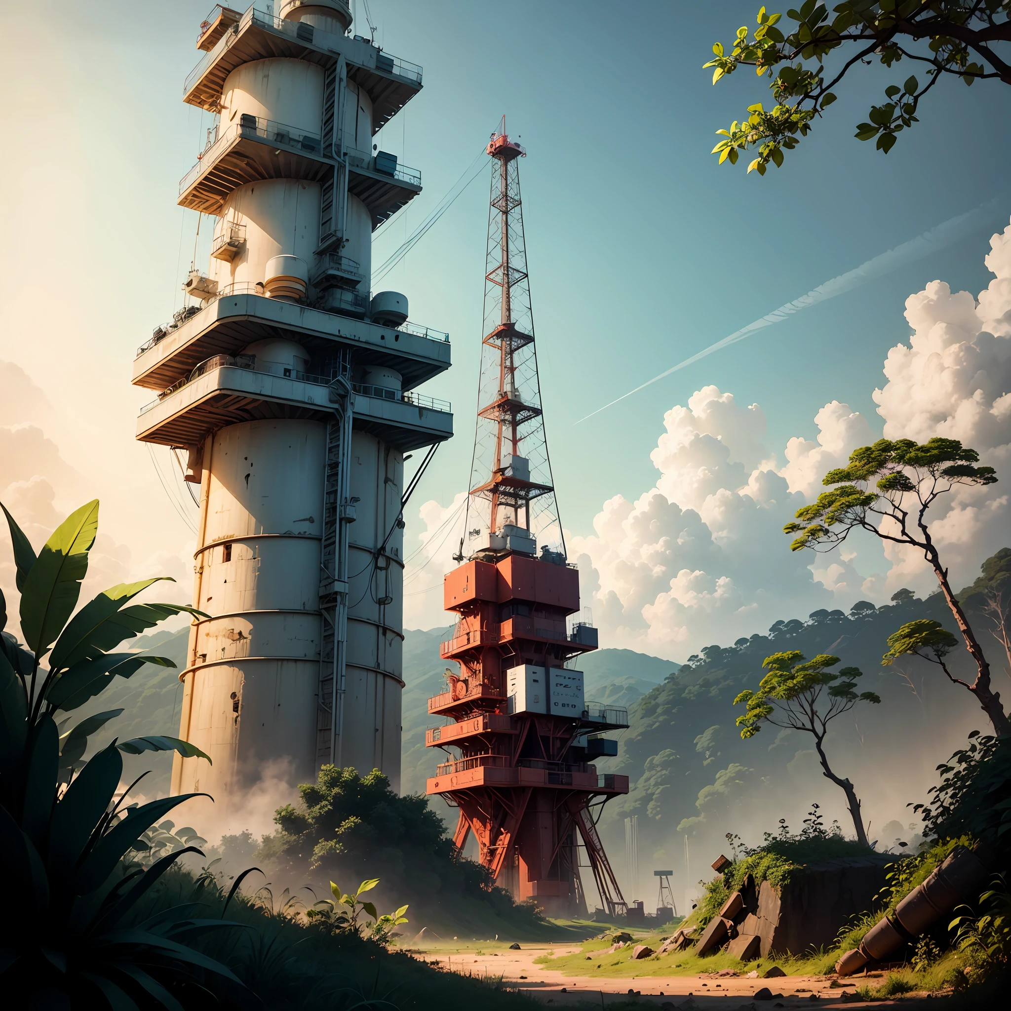 Oil rig in the middle of the jungle with everything full of plants, rusty, half destroyed --auto