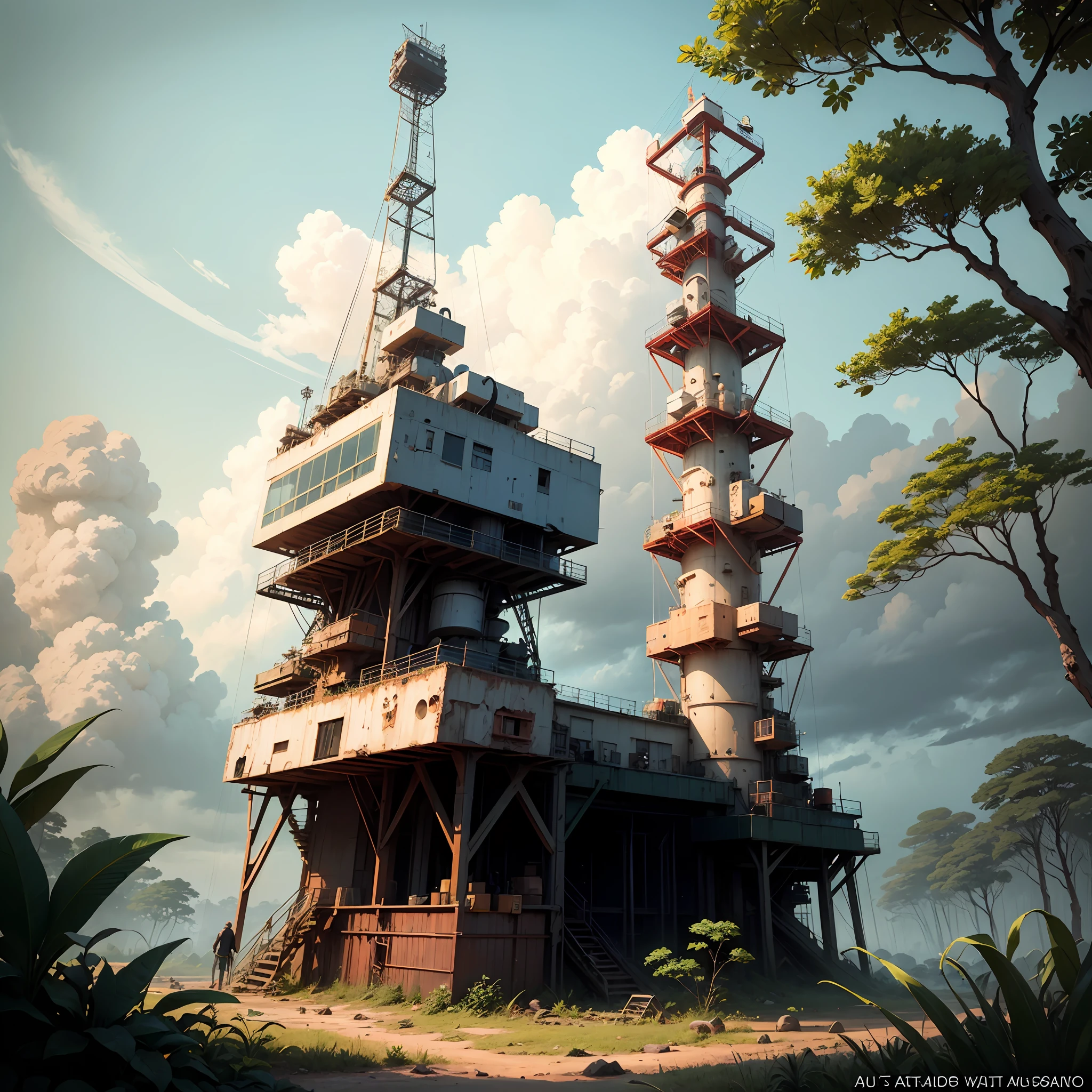 Oil rig in the middle of the jungle with everything full of plants, rusty, half destroyed --auto
