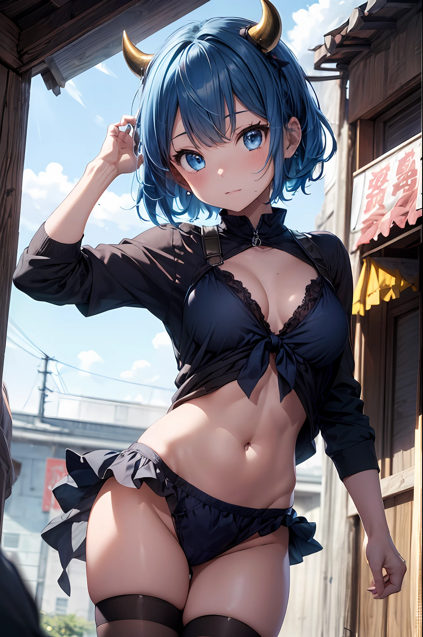 ((hyper super ultra detailed perfect piece)),illustration,masterpiece,(extremely detailed CG 8k),(very fine 8K CG) ,((1girl),(blue hair),(blue eyes),sparkling,(pixie cut),redhair ribbon,small breasts),wince,blue ogre,holding a Metal rod,cow horn,(((blue skin))),tiger print loincloth,cave,Pose looking into the distance,