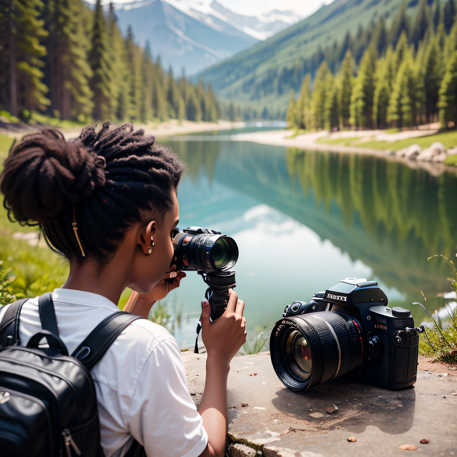 black photographer in wilderness. taking pictures of a beautiful lake