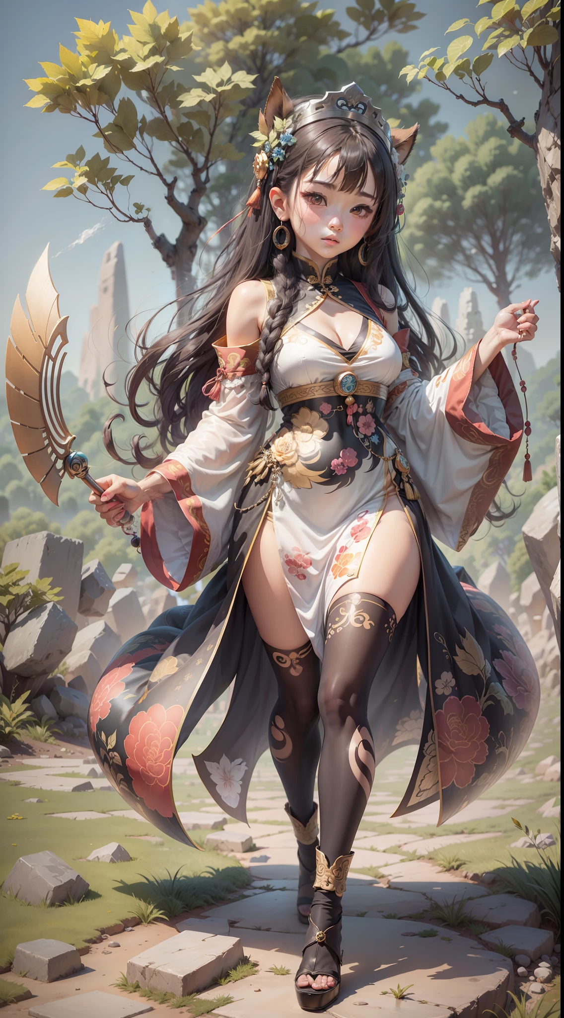 Ethnic style girl, wearing silver crown on her head, silver oval earrings on her ears, full body portrait, full body, background is stone forest, Chinese stone forest, Kunming stone forest, full body portrait, national costume, Chinese style illustration, heads-up perspective, super detail, 4K picture quality, cartoon style