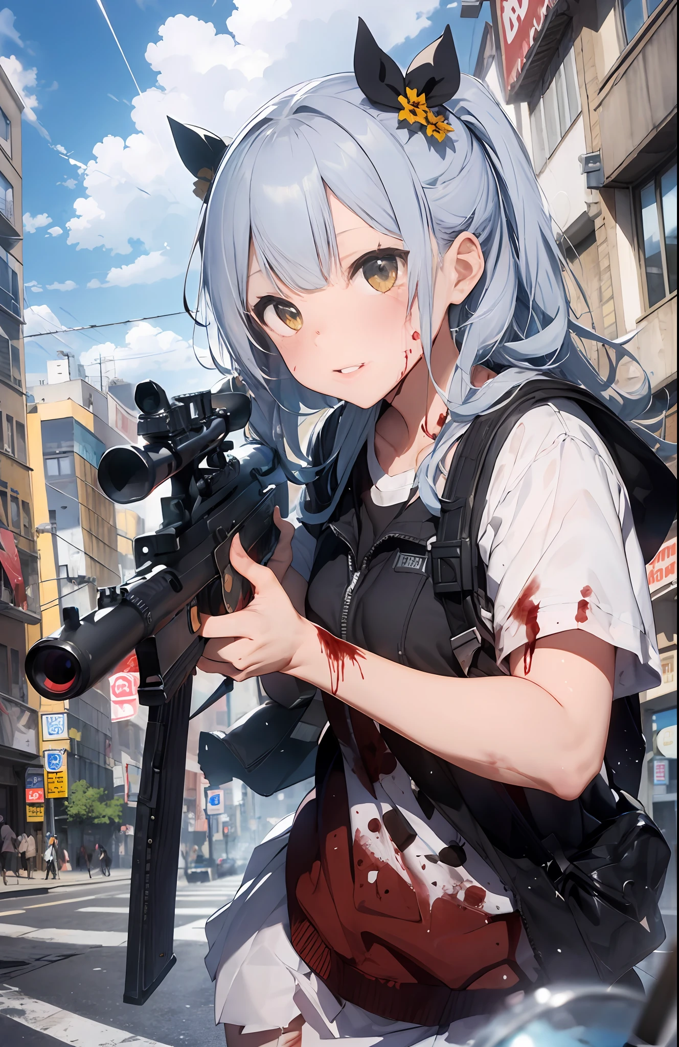 masterpiece, top quality, lens flare, depth of field, (close up: 1.3), (wide-angle lens, fisheye: 1.4), facial focus, 1 girl, covered with blood, blood stained, detailed face splash, detailed lips with blood stained, squat, short white hair, torn shirt, torn pleated skirt, (holding a weapon, holding a rifle, aiming, aiming:1.2), gun, h&k HK416, carbine, firing, shooting, sunny, blue sky, cloudy sky, city, street, road sign, skyscraper,