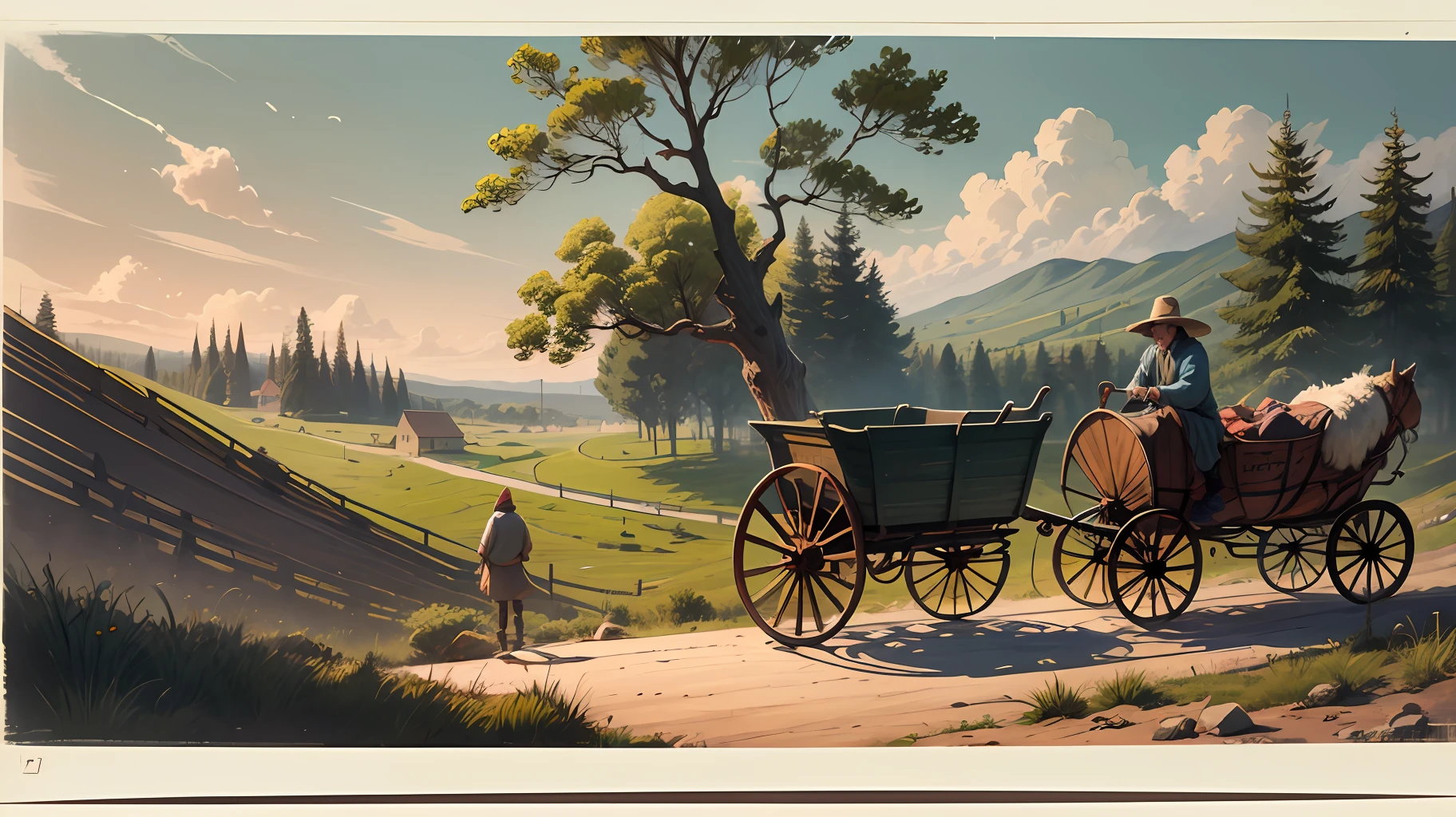 Real life, realistic, peasant in a wagon, coming home one late afternoon on the hill. --auto --s2