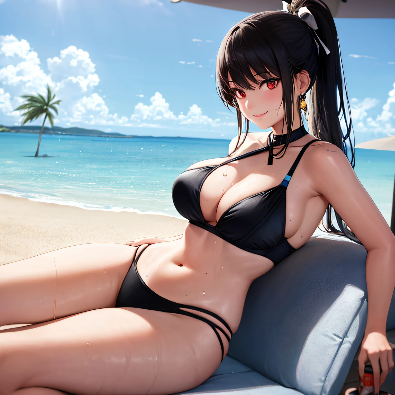 1girl, solo, masterpiece, best quality, realistic, hyperdetailed, (shiny, sweaty skin: 1.4) (swimsuit glued in one piece white neckline to navel with thong underneath), black hair, gold earrings with light blue, black bra, large breasts, black ribbon on the neck, long ponytail hairstyle, white ribbon, red eyes, smiling, having a light blue canned drink, beach, clear sunny sky, light green palm trees,