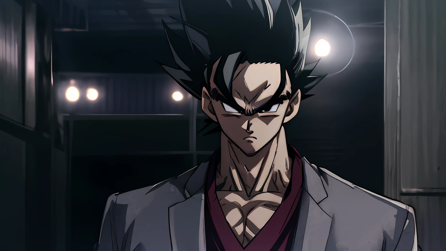 kiryu kazuma, black swept up hair, serious face, suit, dragon ball, super saiyan, hd, highres