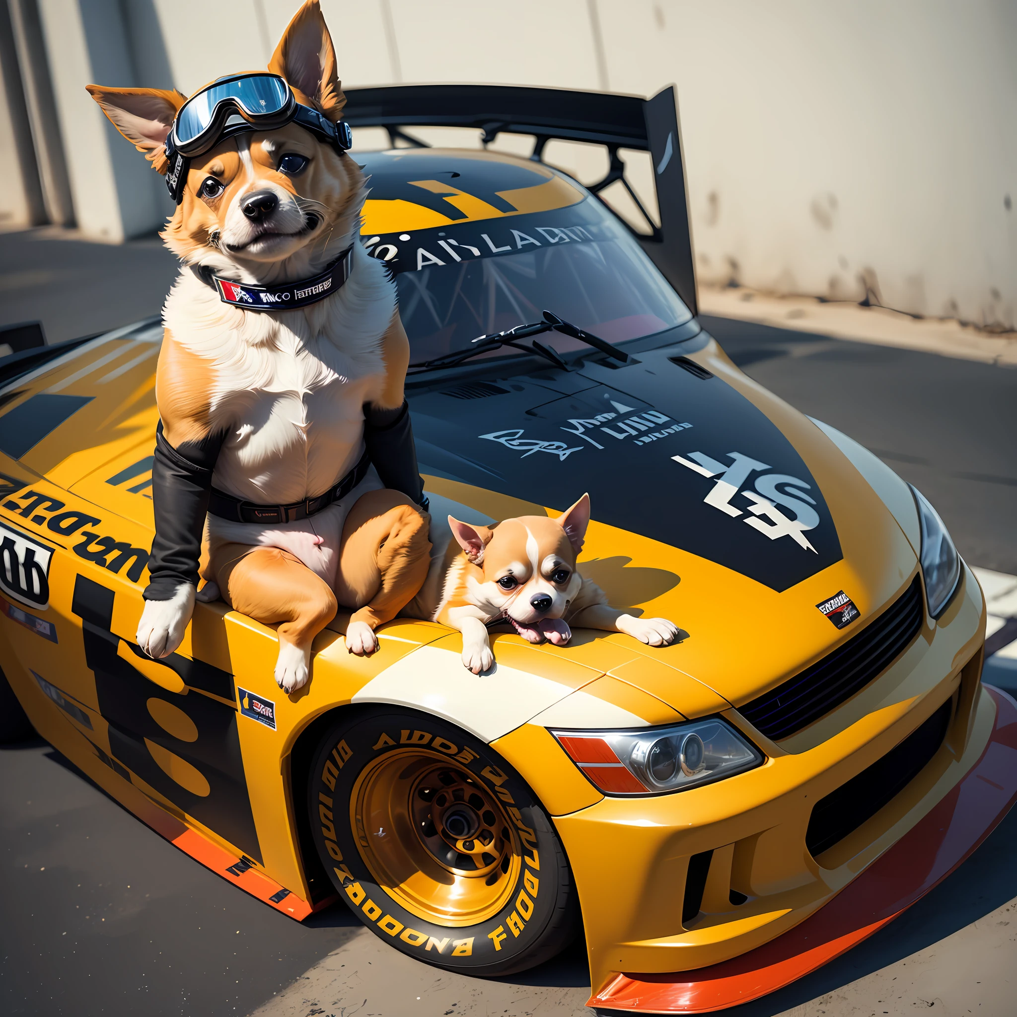 adorable Chihuahua pup as a Nascar race car driver, wearing goggles, helmet and suit, hyperdetailed intricately detailed, fantastical, intricate detail, complementary colors, fantasy, concept art, 8k resolution, DeviantArt masterpiece, closeup --auto