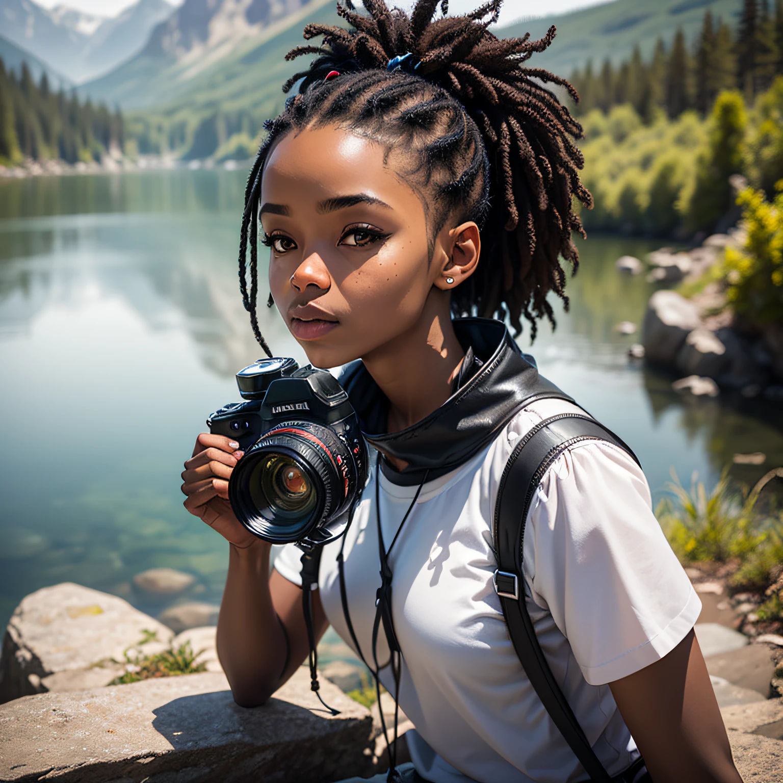 black female photographer in wilderness. taking pictures of a beautiful lake