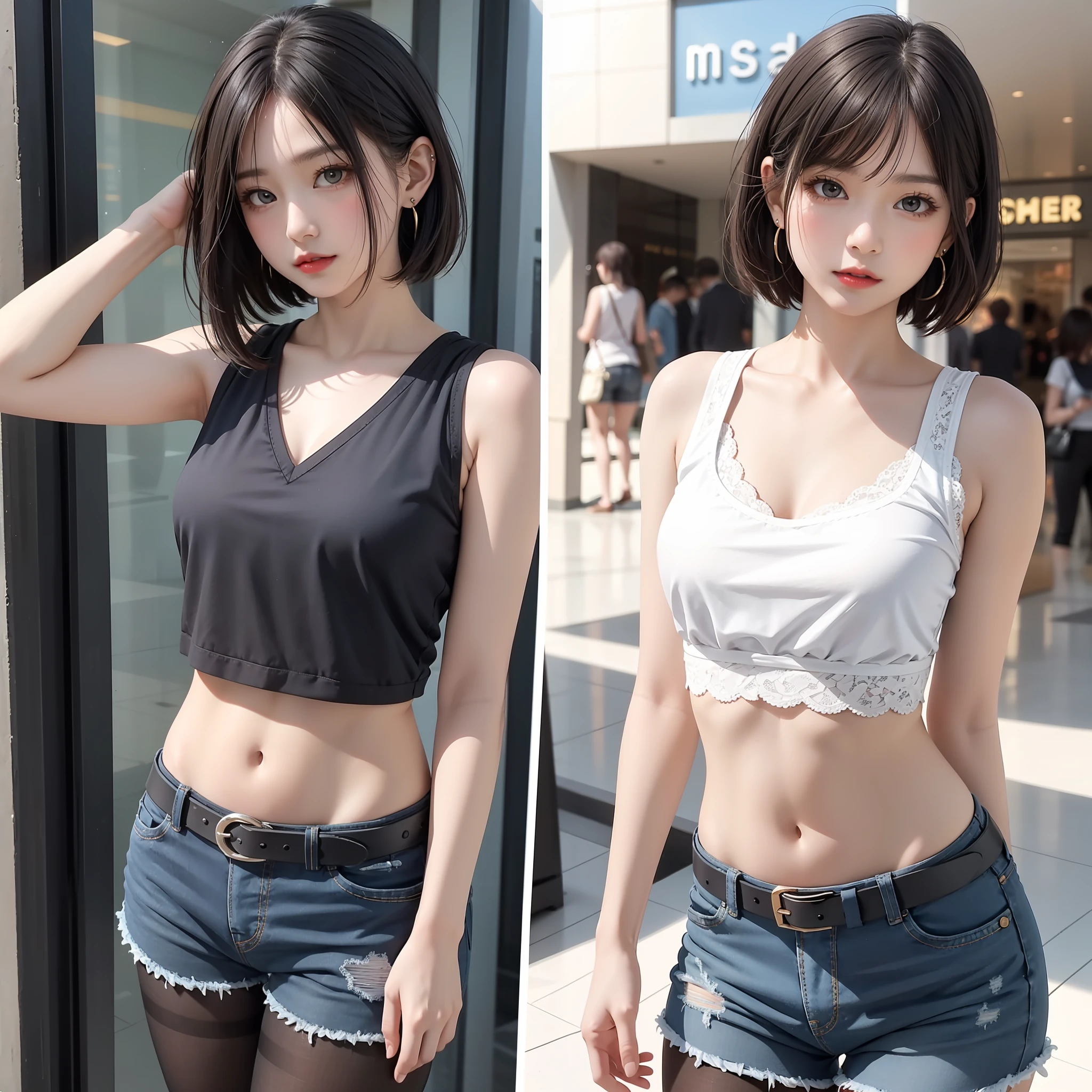 A li, masterpiece, light makeup, red lips, short hair, mall background, beautiful and elegant. Ultra-fine details, master works, real texture, cinematic lighting realism, perfect works, 8k, high definition, exquisite facial features. The upper body is wearing an elastic sports crop top, and the exposed small man's waist looks white and clean. The lower body is wearing denim shorts lace, a beautiful belt, sexy pantyhose, and the S-shaped curved body looks very smooth. Slim figure, pear-shaped body, rounded hips, slender small man's waist, sexy chest, vest line, collarbone, bright big eyes, smooth skin, earrings, tattoos, short and cute beautiful legs. Deep in the human, cat cherry lips. Perfect waist-hip ratio