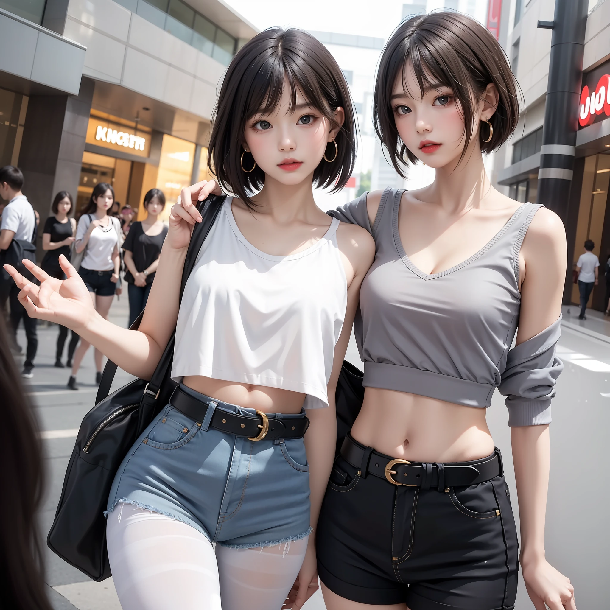 A li, masterpiece, light makeup, red lips, short hair, mall background, beautiful and elegant. Ultra-fine details, master works, real texture, cinematic lighting realism, perfect works, 8k, high definition, exquisite facial features. The upper body is wearing an elastic sports crop top, and the exposed small man's waist looks white and clean. The lower body is wearing denim shorts lace, a beautiful belt, sexy pantyhose, and the S-shaped curved body looks very smooth. Slim figure, pear-shaped body, rounded hips, slender small man's waist, sexy chest, vest line, collarbone, bright big eyes, smooth skin, earrings, tattoos, short and cute beautiful legs. Deep in the human, cat cherry lips. Perfect waist-hip ratio