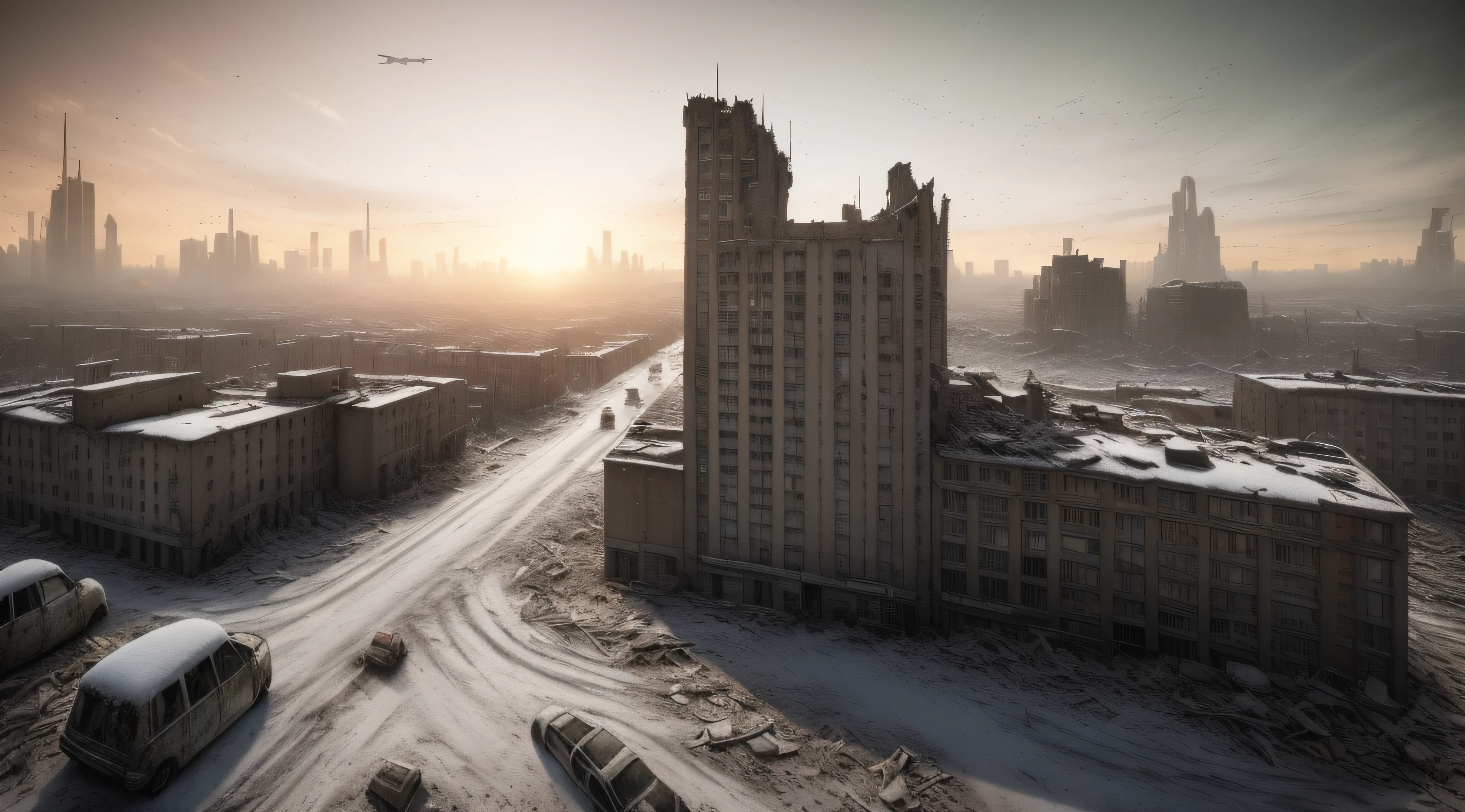 end of the world, epic realistic, (hdr:1.4), (muted colors:1.4), apocalypse, freezing, abandoned, neutral colors, night, screen space refractions, (intricate details), (intricate details, hyperdetailed:1.2), artstation, cinematic shot, vignette, complex background, buildings, snowy, fallout, art deco, war-torn city, retro --v 6