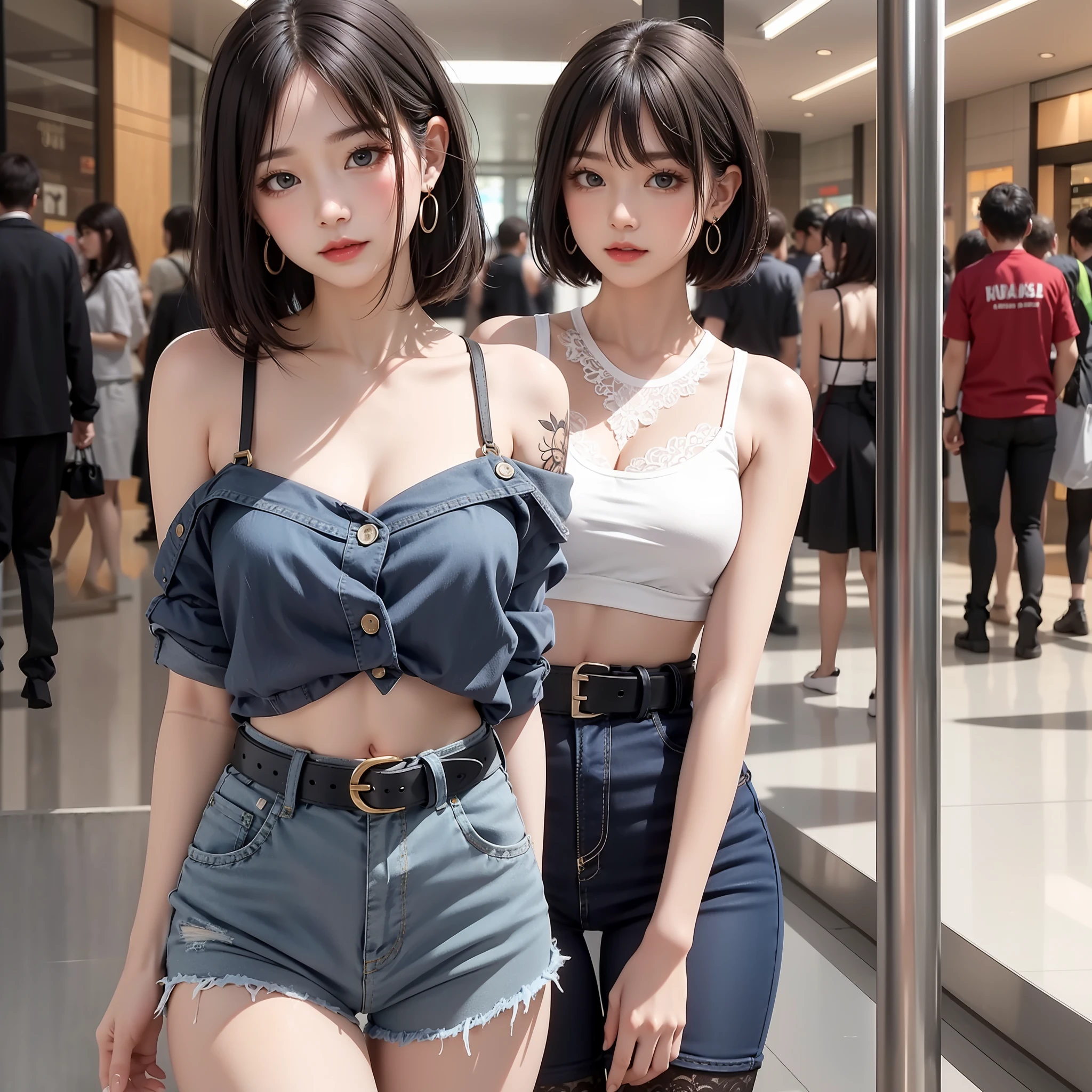 A small loli, masterpiece, light makeup, red lips, short hair, mall background, beautiful and elegant. Ultra-fine details, master works, real texture, cinematic lighting realism, perfect works, 8k, high definition, exquisite facial features. The upper body is wearing an elastic sports crop top, and the exposed small man's waist looks white and clean. The lower body is wearing denim shorts lace, a beautiful belt, sexy pantyhose, and the S-shaped curved body looks very smooth. Slim figure, pear-shaped body, rounded hips, slender small man's waist, sexy chest, vest line, collarbone, bright big eyes, smooth skin, earrings, tattoos, short and cute beautiful legs. Deep in the human, cat cherry lips. Perfect waist-hip ratio