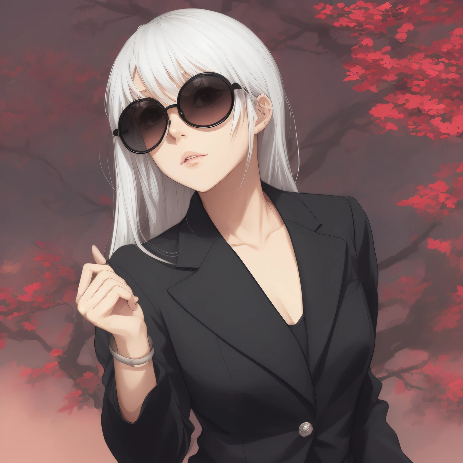 Tall anime girl with white hair and round sunglasses, black suit, anime dash --auto