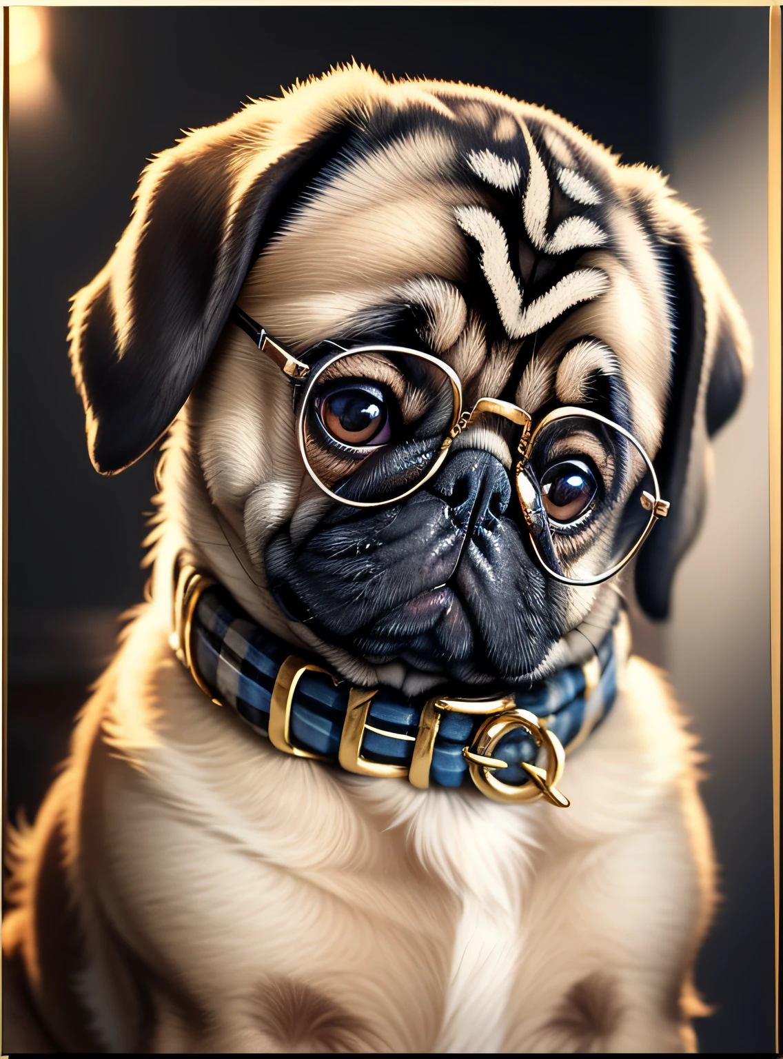 Imagine a very cute pug with big eyes, wearing a black and white plaid sweater, friendly, modern gold glasses, blurry background with a smooth wall and pictures