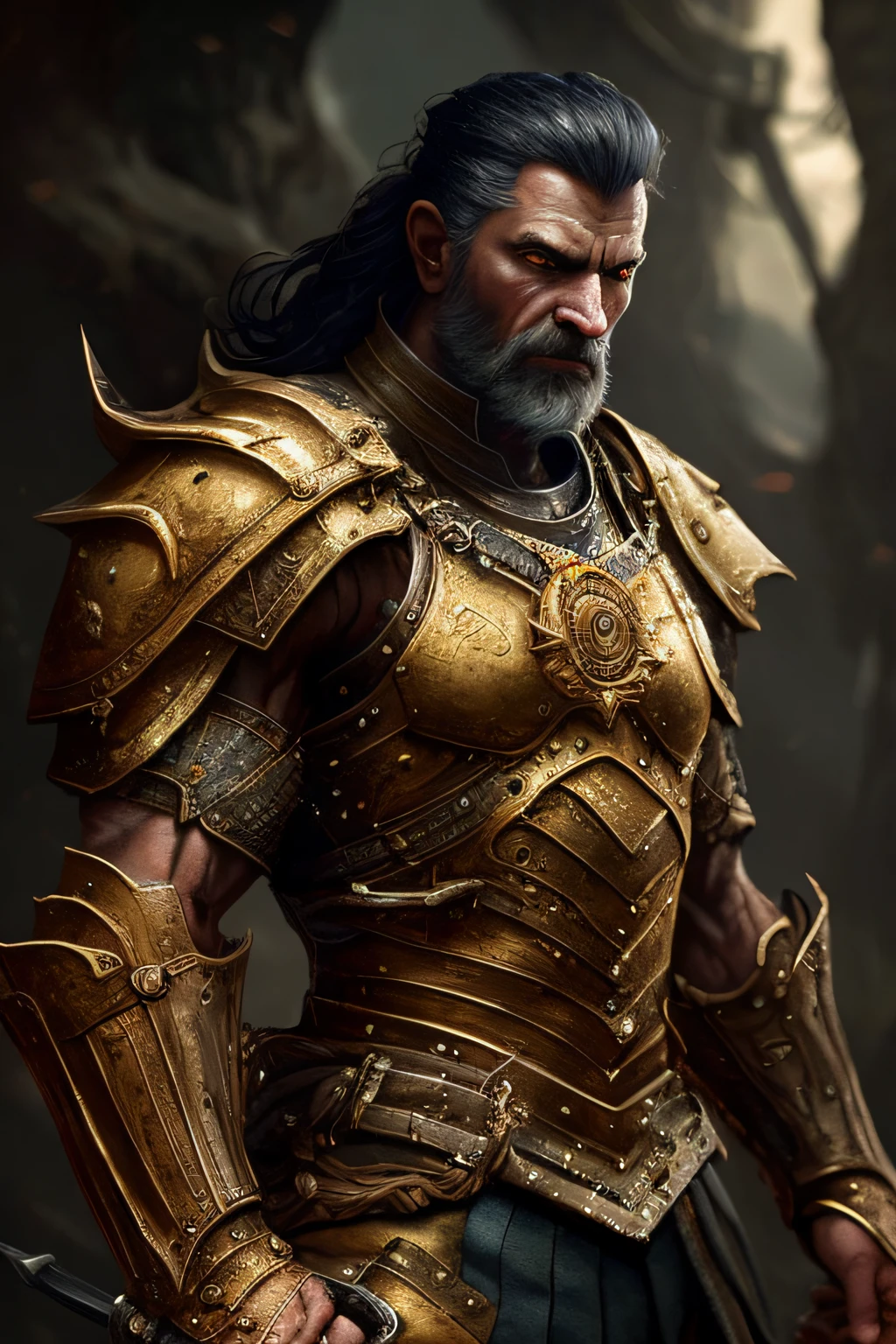 a close up of a man in armor holding a sword, vigo the carpathian, epic exquisite character art, fantasy warrior in full armor, picture of an adult male warrior, gold heavy armor. dramatic, wojtek fus, stunning character art, painted portrait of rugged odin, trendin on artstation, by Tadeusz Pruszkówski