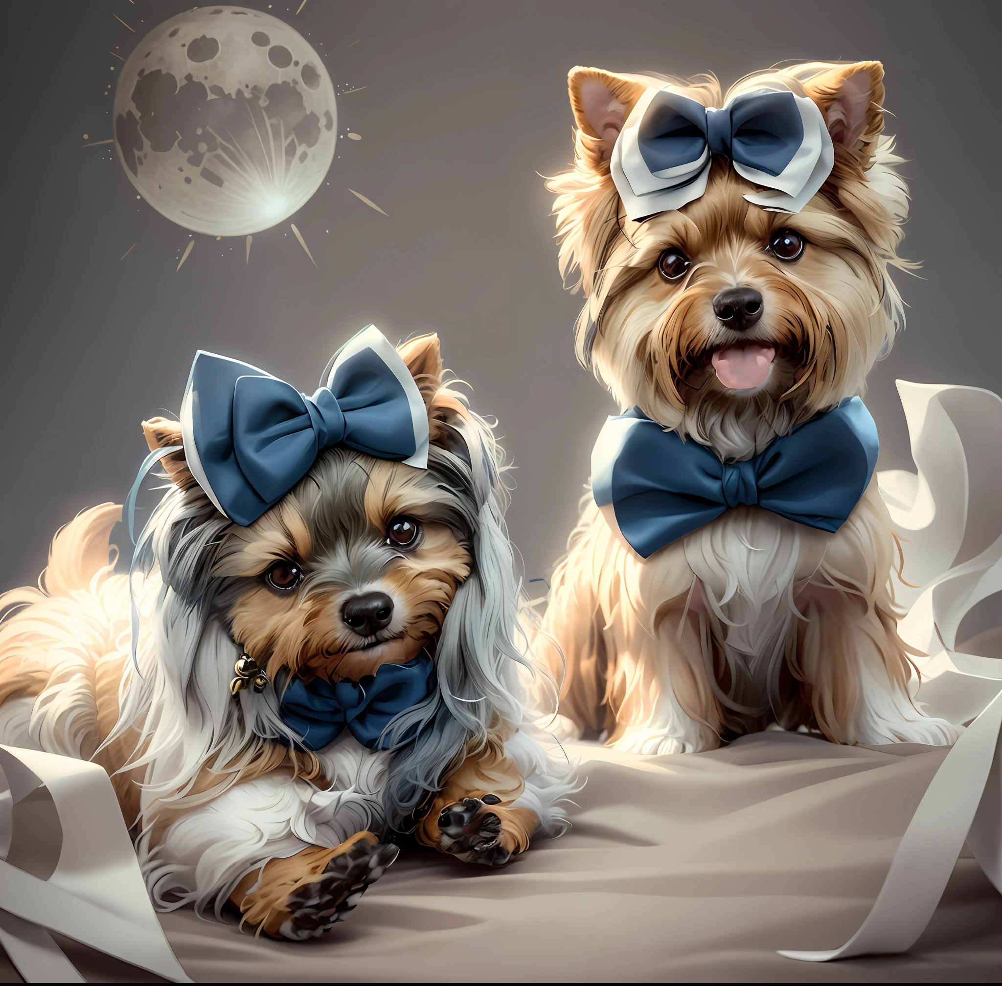 Two small dogs wearing bows and bows are sitting next to each other, bowknot, bow tie, high quality costume, yorkshire terrier, bow tie, two dogs, they are very serious, Miko, moon style sailor, aw, costume, both smiling for the camera, OMG, bows, yellow and blue ribbons