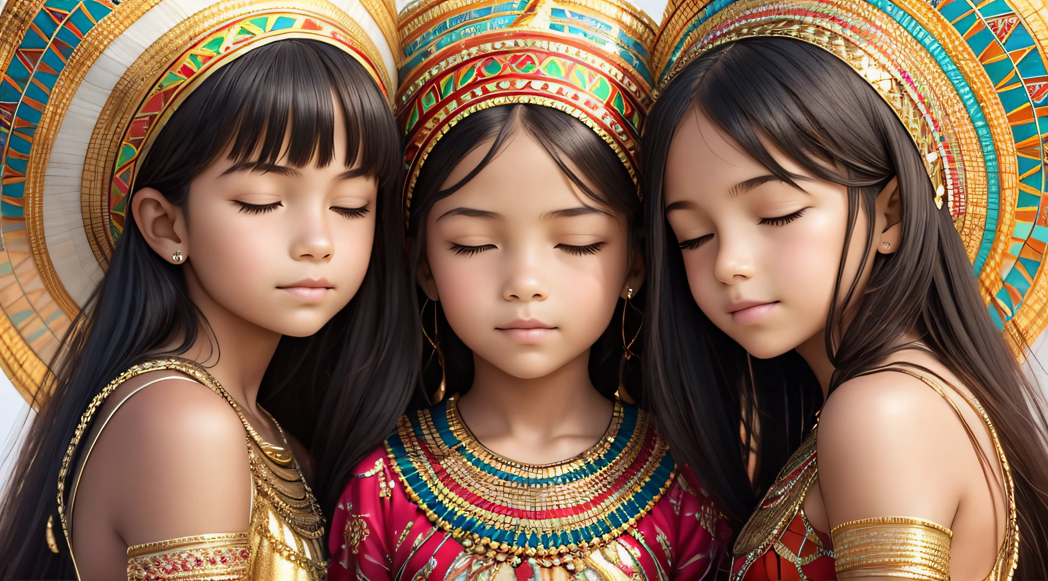 three girls CHILDREN, are posing for a photo in the pyramids of egypt background, BLACK AND WHITE, beautiful girls, young girls, cute girls, 3 sisters look at each other in the mirror, beautiful faces, light-skinned African girl, by irakli swim, by Miroslava Sviridova, with a white complexion, beautiful portrait, varied ethnicities, 3 young and beautiful women, beautiful faces, girls resting WITH THEIR EYES CLOSED and praying.