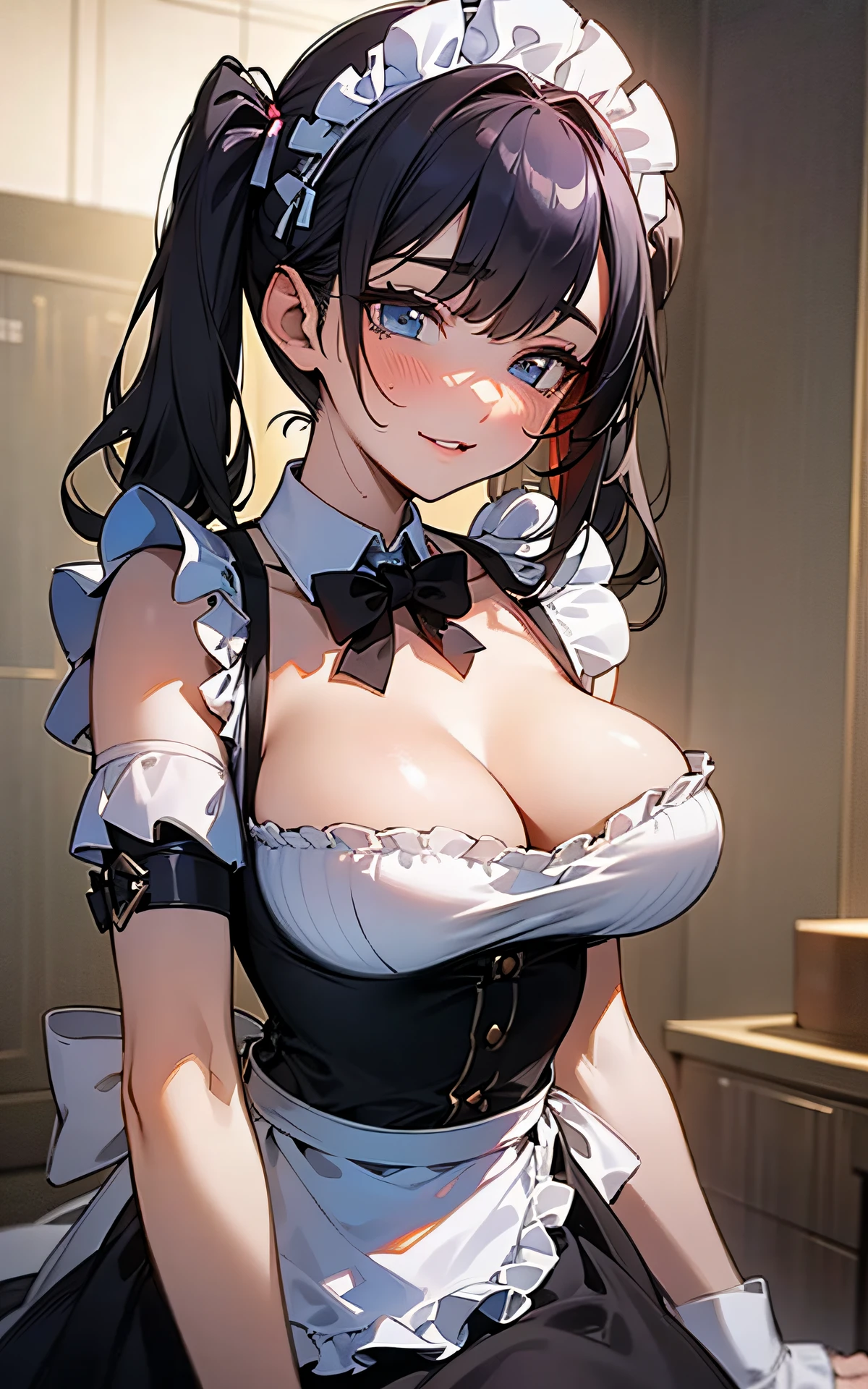 (Original Character、Unity 16K Wallpaper, Masterpiece, Best Quality, Ultra-Detailed, Extremely Detailed CG, Caustics, Cinematic Lighting, Detailed, Beautiful Detailed Eyes, solo,sexy women), Ultra High Resolution, fine skin, (maid, maid apron, maid headdress), (strong light)、oily skin,curby:1.2,,sexy women,little devil face,large breasts,twin tail