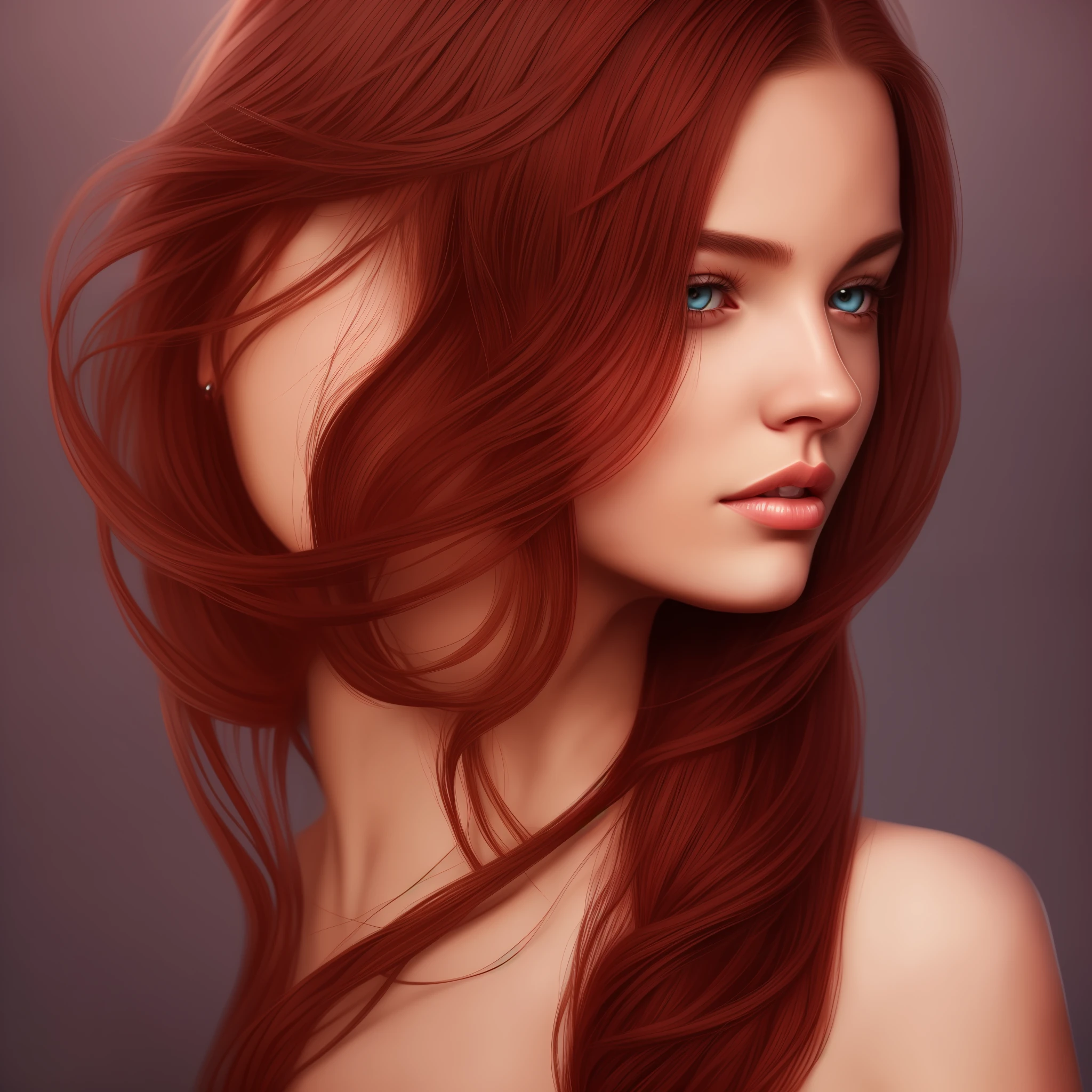 Red-haired woman. Blood-colored vermilion hair. Incredibly realistic, brown eyes. Stunning digital illustration, realistic art style, 4k realistic digital art, beautiful digital illustration, 8k high quality detailed art, beautiful digital art, glowing wlop skin, photorealistic art style, realistic realism art style