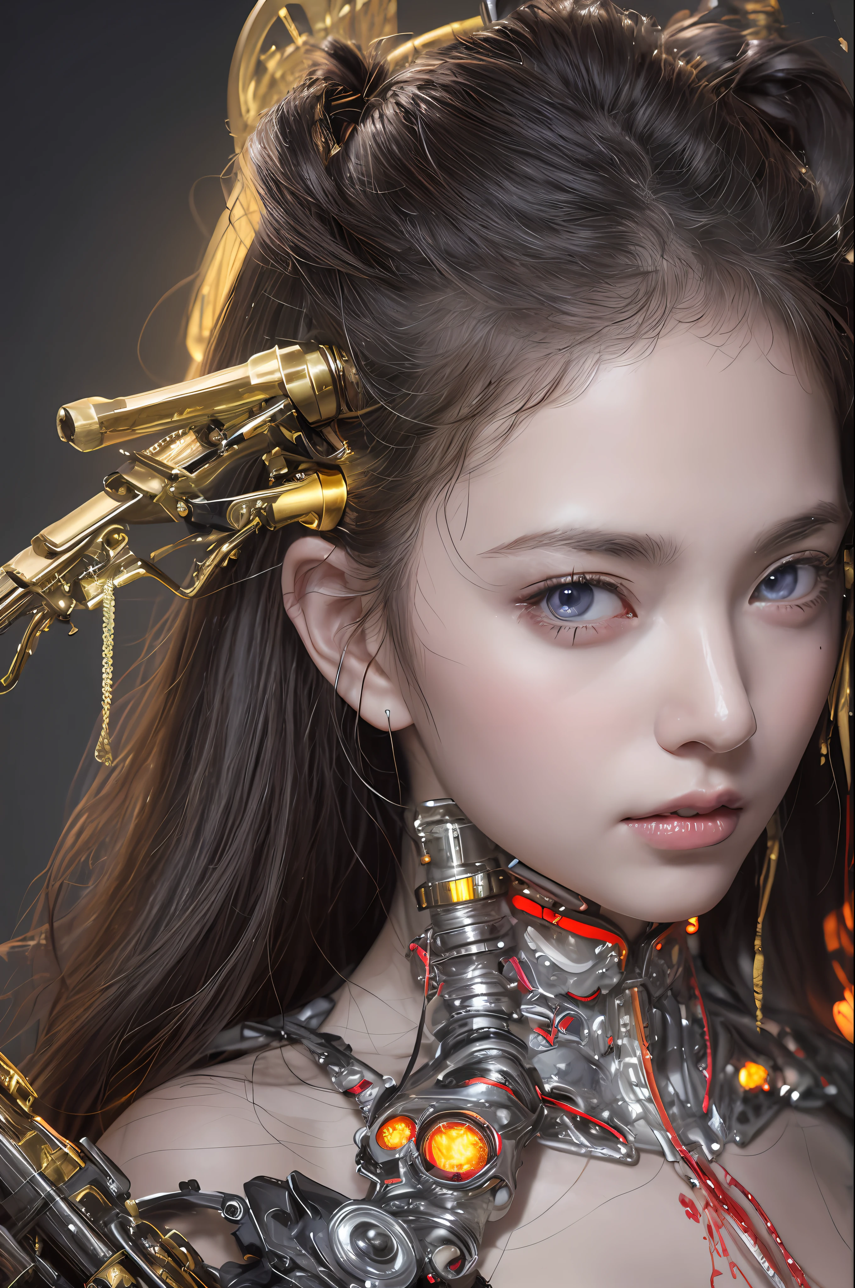 Top Quality, Masterpiece, Ultra High Resolution, (Photorealistic: 1.4), Raw Photo, 1 Girl, Black Hair, Glossy Skin, 1 Mechanical Girl, (Ultra Realistic Detail)), Portrait, Global Illumination, Shadows, Octane Rendering, 8K, Ultra Sharp, Big, Cleavage Exposed Raw Skin, Metal, Intricate Ornament Details, Japan Details, Very intricate details, realistic light, CGSoation trend, purple eyes, glowing eyes, facing the camera, neon details, mechanical limbs, blood vessels connected to the tube, mechanical vertebrae attached to the back, mechanical cervical attachment to the neck, sitting, wires and cables connecting to the head, evangelion, small LED lamp,