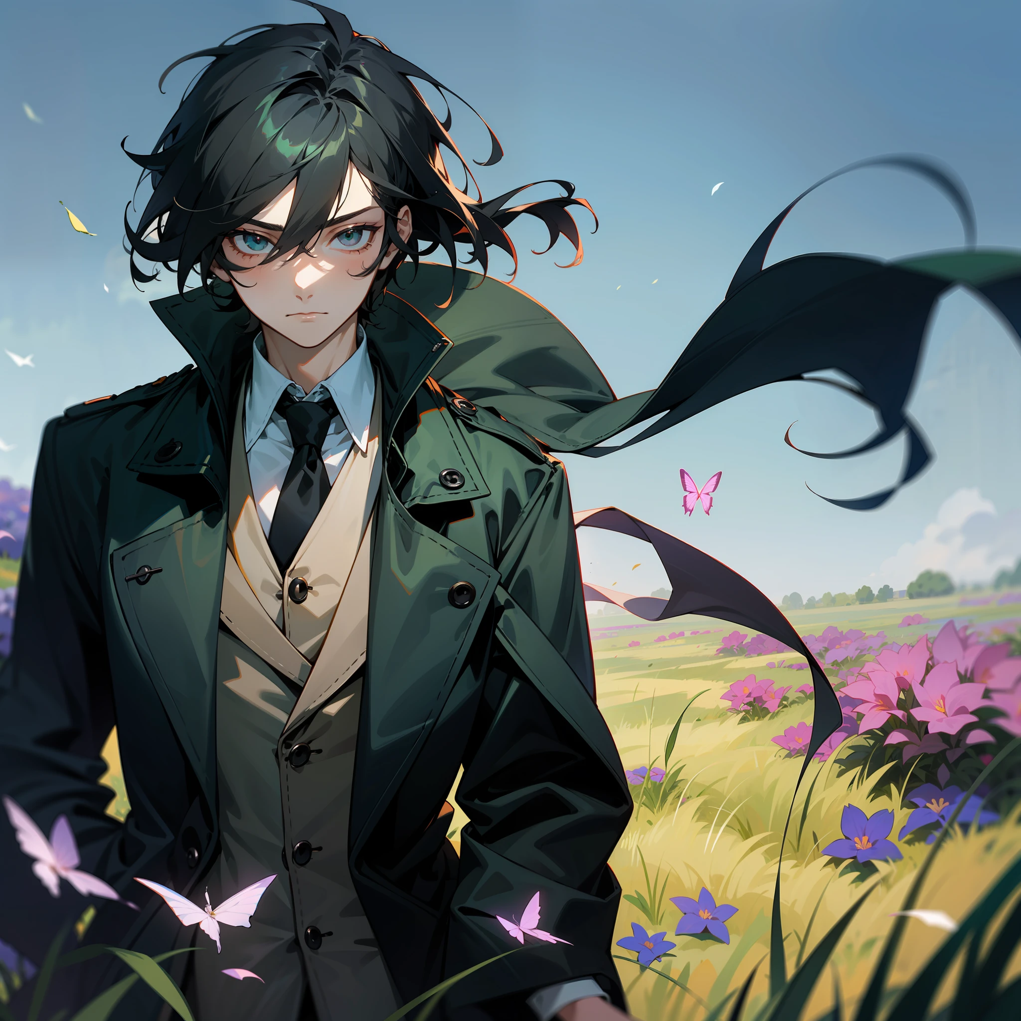 A boy, black hair a little long, black cold eyes, indifferent fair skin, thin, black trench coat fluttering in the wind, surrounded by green grasslands, surrounded by many flowers in the surrounding grasslands