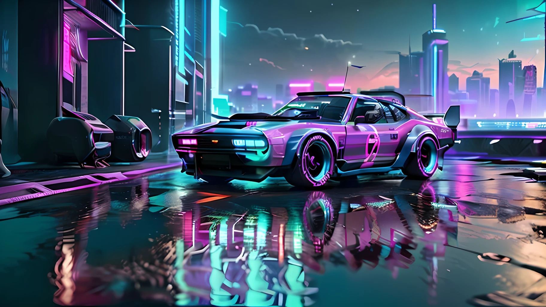a close up of a car with neon lights on it, cyberpunk car, cyberpunk garage on jupiter, cyberpunk art style, cyberpunk 2077 color, cyberpunk vibe, cyberpunk neon, hyper-realistic cyberpunk style, cyberpunk futuristic neon, bright cyberpunk glow, cyberpunk art 2077, cyberpunk style ， hyperrealistic, neon cyberpunk, cyberpunk 8 k, cyberpunk vibes