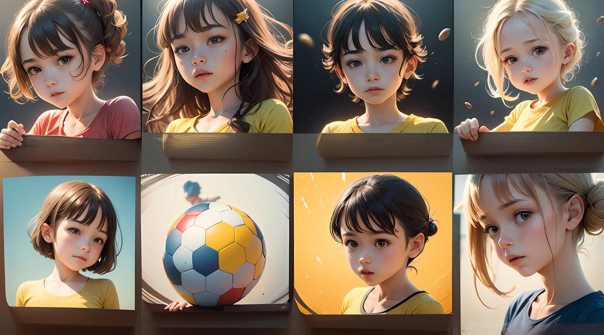 15 images of the same personagen various poses and expressions on white background,children's book illustration style,simple,photo,6 ,colors,brown hair,short straight,yellow shirt number 10,blue shorts number 10,yellow boot,white midriff,kicking the ball --auto --s2