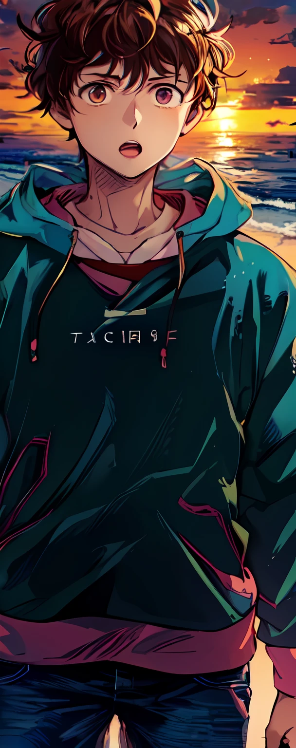 a anime of a man with a brown hair, jacket, jeans, focus, open mouth, beach, rocks, cloud, sunset, color manga, manga color, color manga, color manga panel, simple background