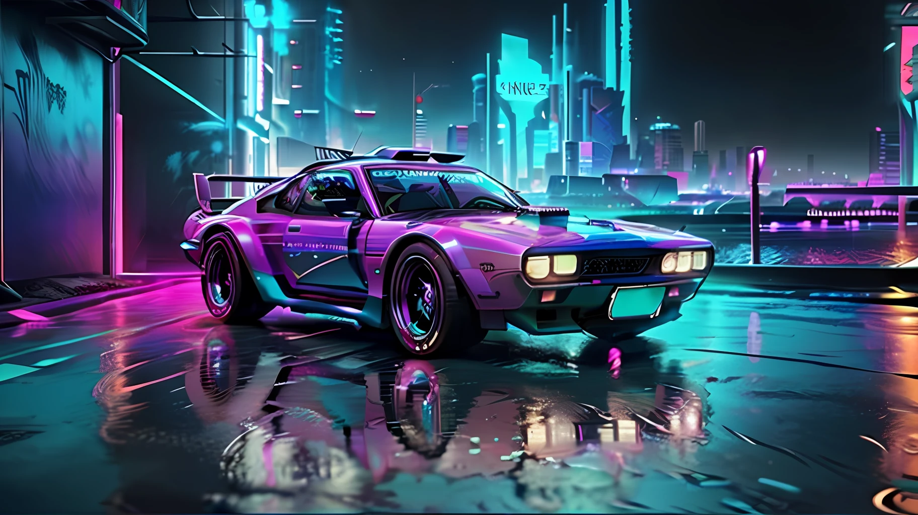 a close up of a car with neon lights on it, cyberpunk car, cyberpunk garage on jupiter, cyberpunk art style, cyberpunk 2077 color, cyberpunk vibe, cyberpunk neon, hyper-realistic cyberpunk style, cyberpunk futuristic neon, bright cyberpunk glow, cyberpunk art 2077, cyberpunk style , hyperrealistic, neon cyberpunk, cyberpunk 8 k, cyberpunk vibes
