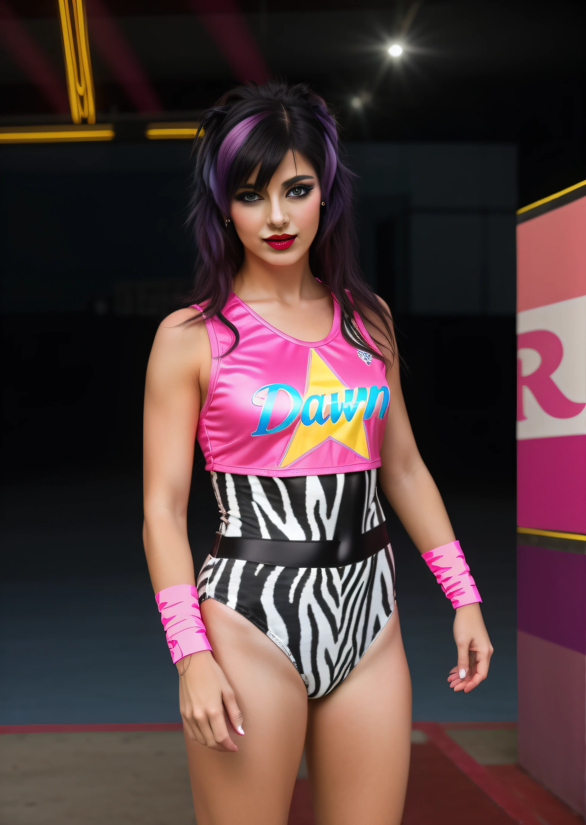 Dark haired Caucasian woman with 80's punk mullet, in pink yellow and blue half shirt that says "DAWN", Zebra print leotard, puffy pink wristbands, wearing makeup and purple lipstick, photo realistic, intricate details,