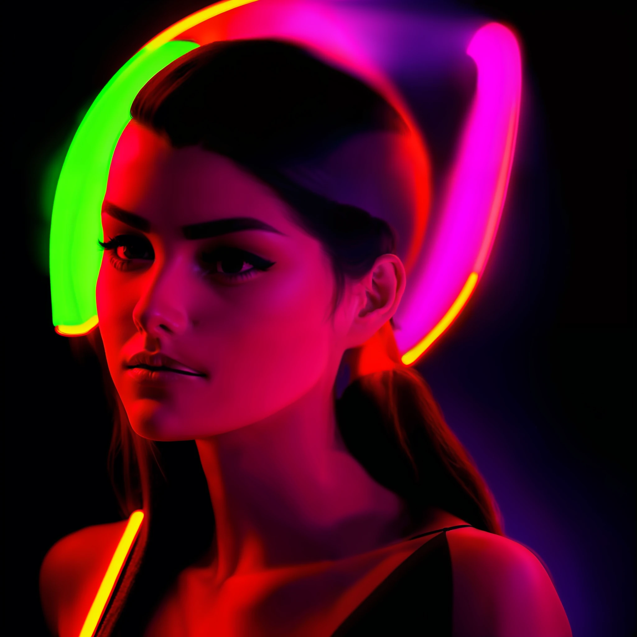 a modern portrait of female fashion model in neon light on dark studio , playing with hair pose, full length portrait, Neon lighting, unreal engine --ar 2:3