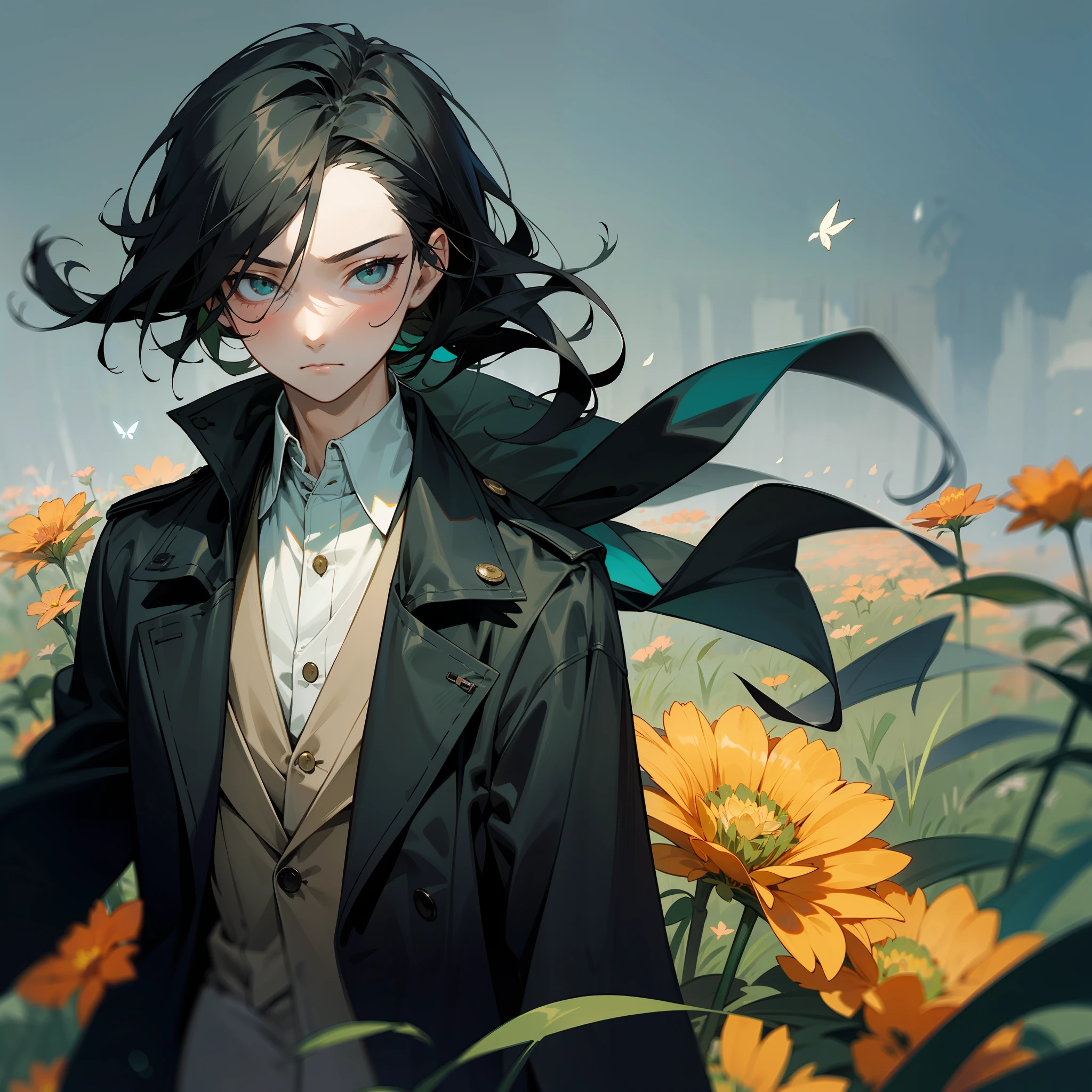 A boy, black hair a little long, black cold eyes, indifferent fair skin, thin, black trench coat fluttering in the wind, surrounded by green grasslands, surrounded by many flowers in the surrounding grasslands