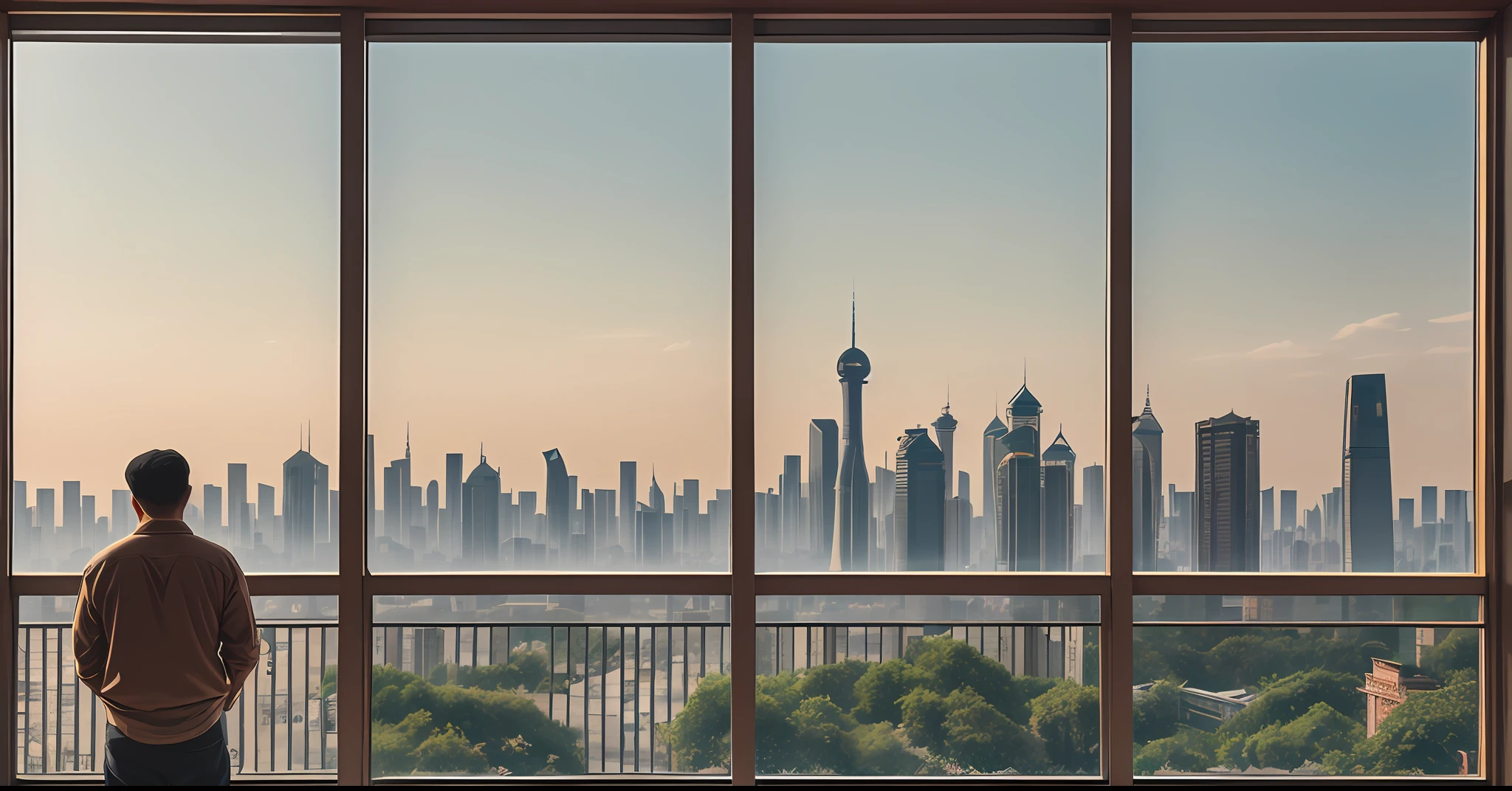 A man stands in front of a large floor-to-ceiling window, back view, overlooking the architecture of the big Shanghai, everything is covered in film, rich details, panoramic perspective, film texture, epic feeling, film texture Kodak film, wear and scratch, backlight, 8k, --auto --s2