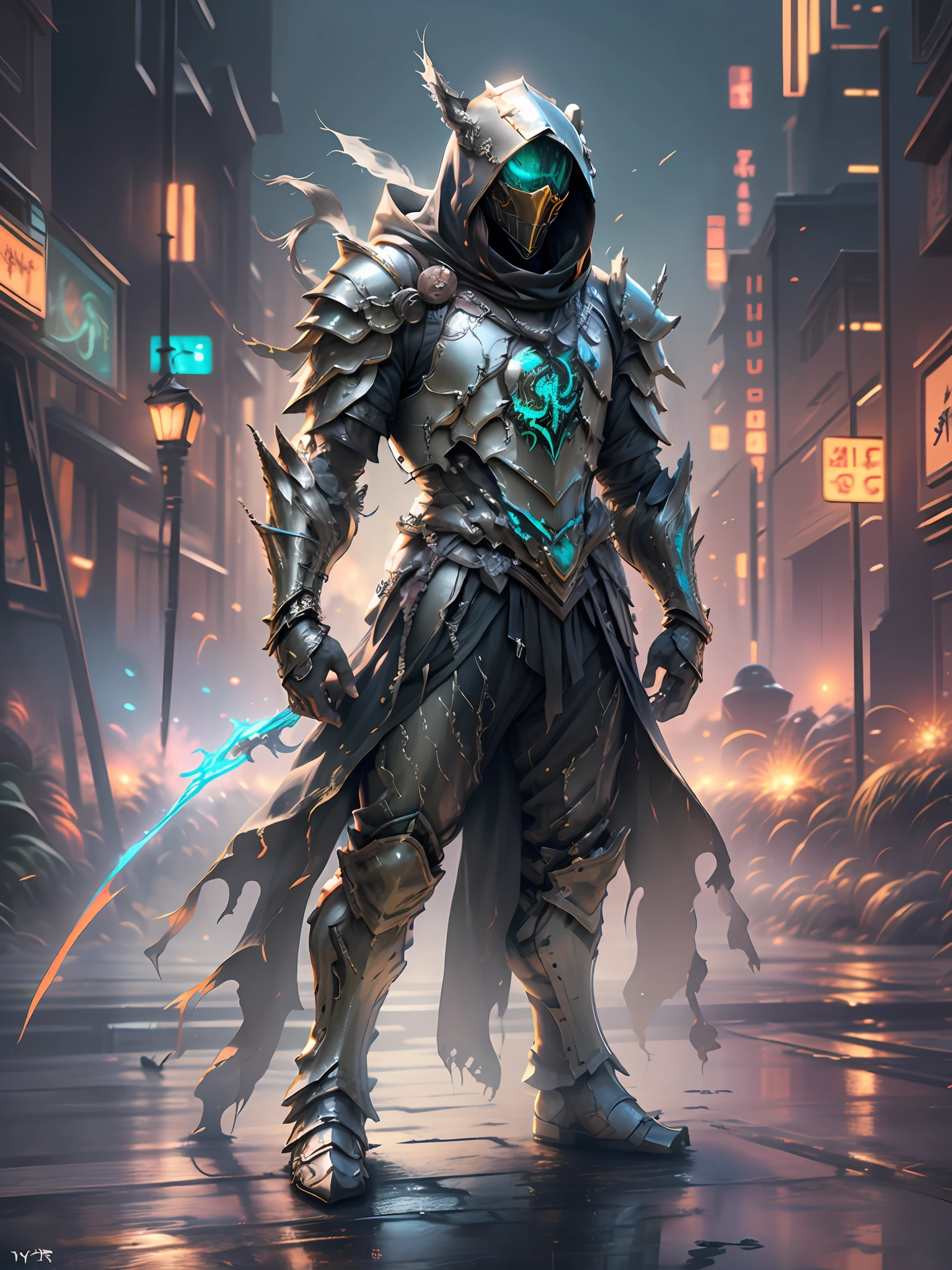 (full body hyper realistic:2) hooded sharp ornate armored warriors mans standing, waring mask, black and green (extra details armor:1.8) (Many details1.9) night, front view, battlefield background, full body, full body, all body, front view, wide angle, ultra details, ultra resolution, ultra quality, unreal engine 5, cinematic light, cinematic lighting, cinematic lighting, feet out of frame, super detail, 16k, high quality, best quality, textured skin, high details, super details