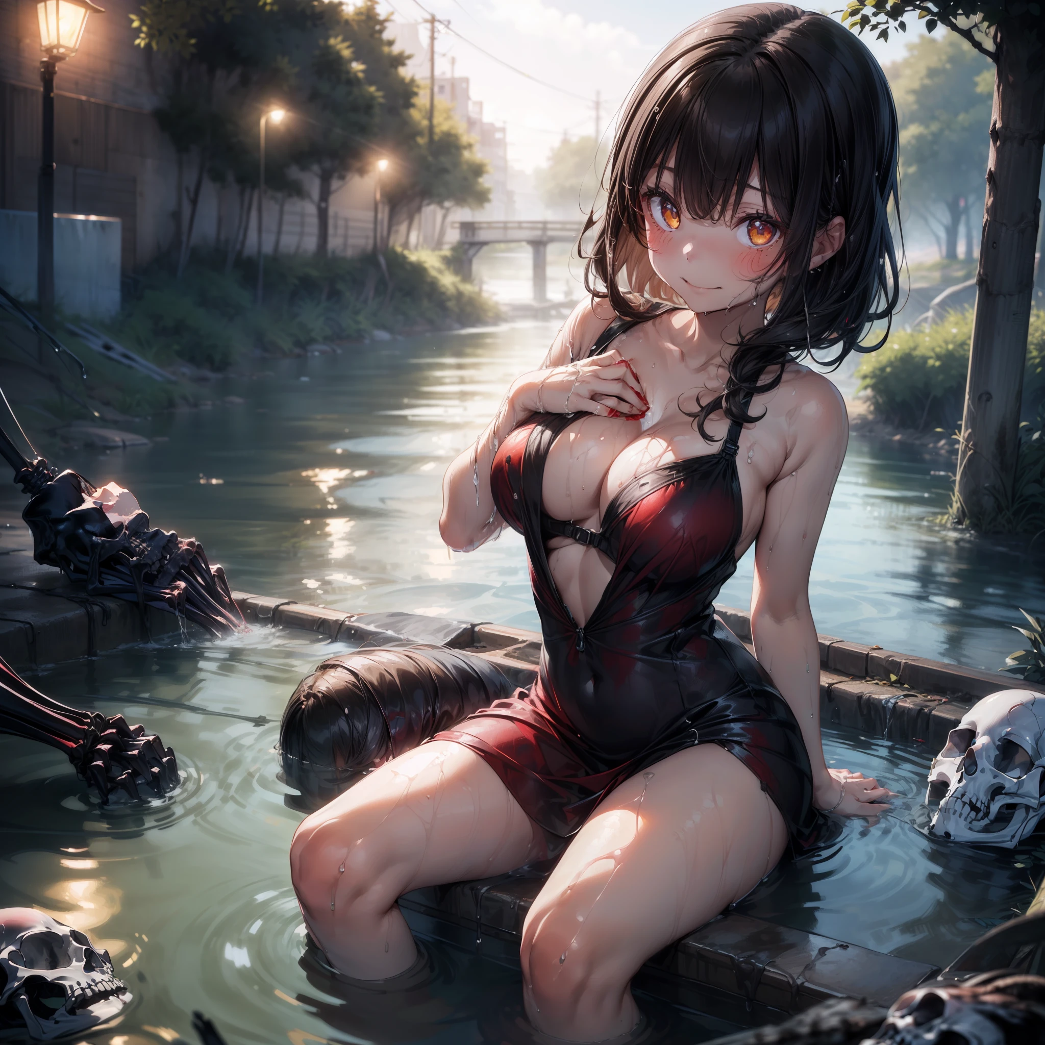 (masterpiece), (1girl sitting in river, washing her chest:1.5), short black hair, (yellow shining eyes),busty,wet sweaty,blood drops,(revealing red light dress:1.4), light cruel smile, looks down, messy hair, two arms, two legs, (black river with death bodies and skeletons bodies:1.4),fluorescent dark mist,intricate, surreal, magical,(best quality:1.2), (monochromatic:0.8),