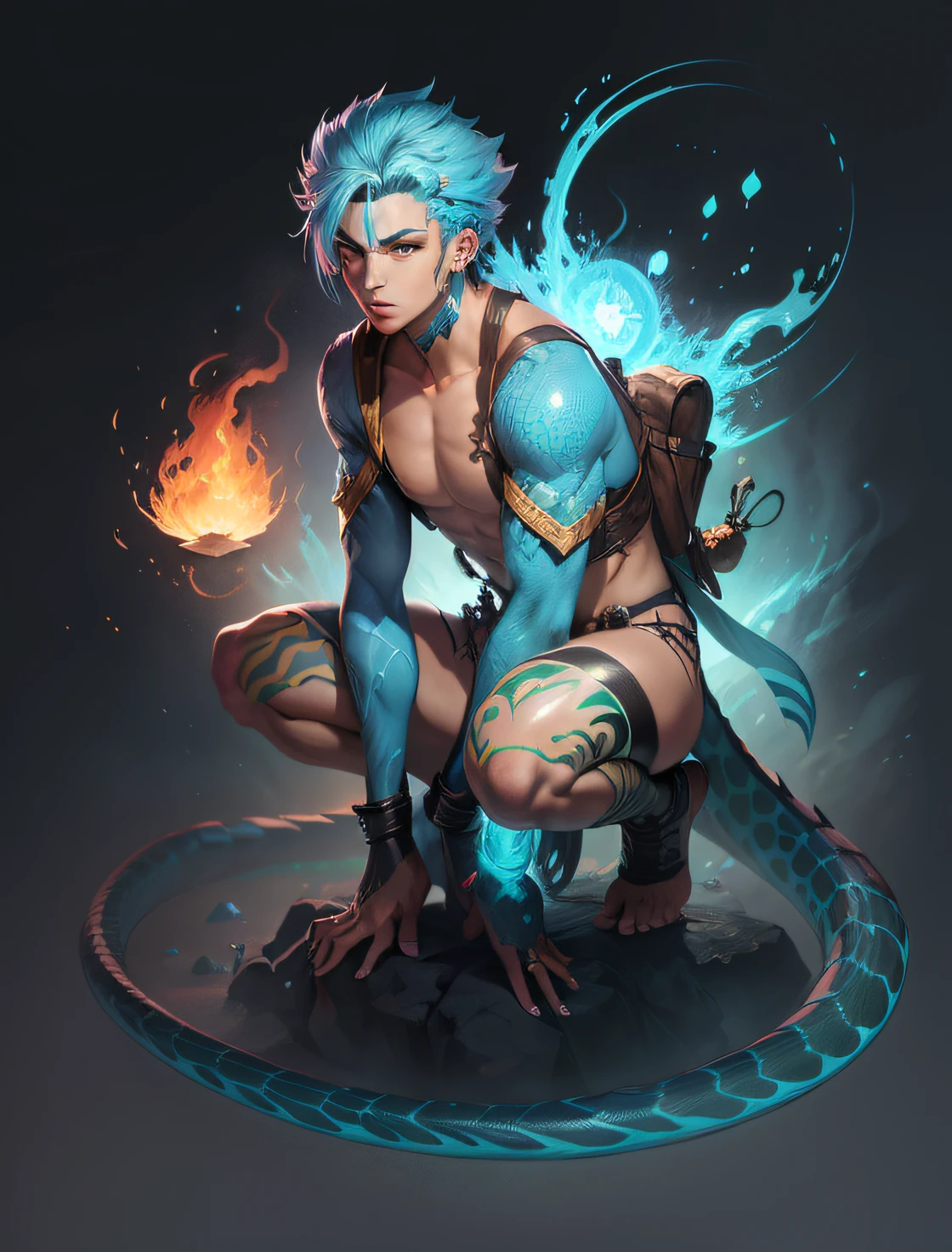 a drawing of a man with blue hair and tribal robes, an anime character; full body art, elemental male, lizard boy, digital anime illustration, fantasy art style, colorful! character design, anime fantasy illustration, full body illustration, vibrant cartoon, colorful concept art, full body commission for, anime in fantasy style, vibrant fantasy style --auto