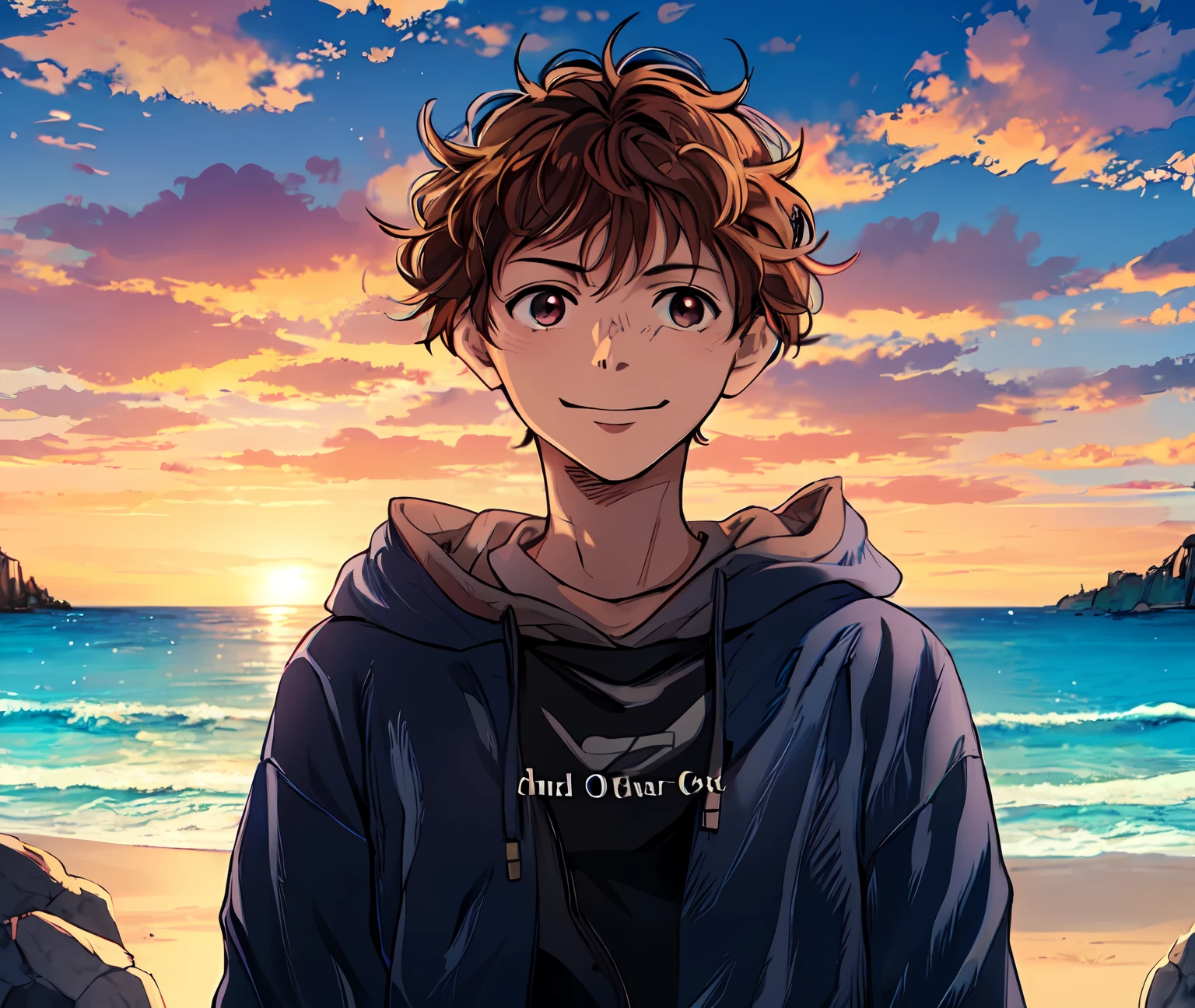 a anime of a man with a brown hair, jacket, jeans, focus, smile, beach, rocks, cloud, sunset, color manga, manga color, color manga, color manga panel, simple background