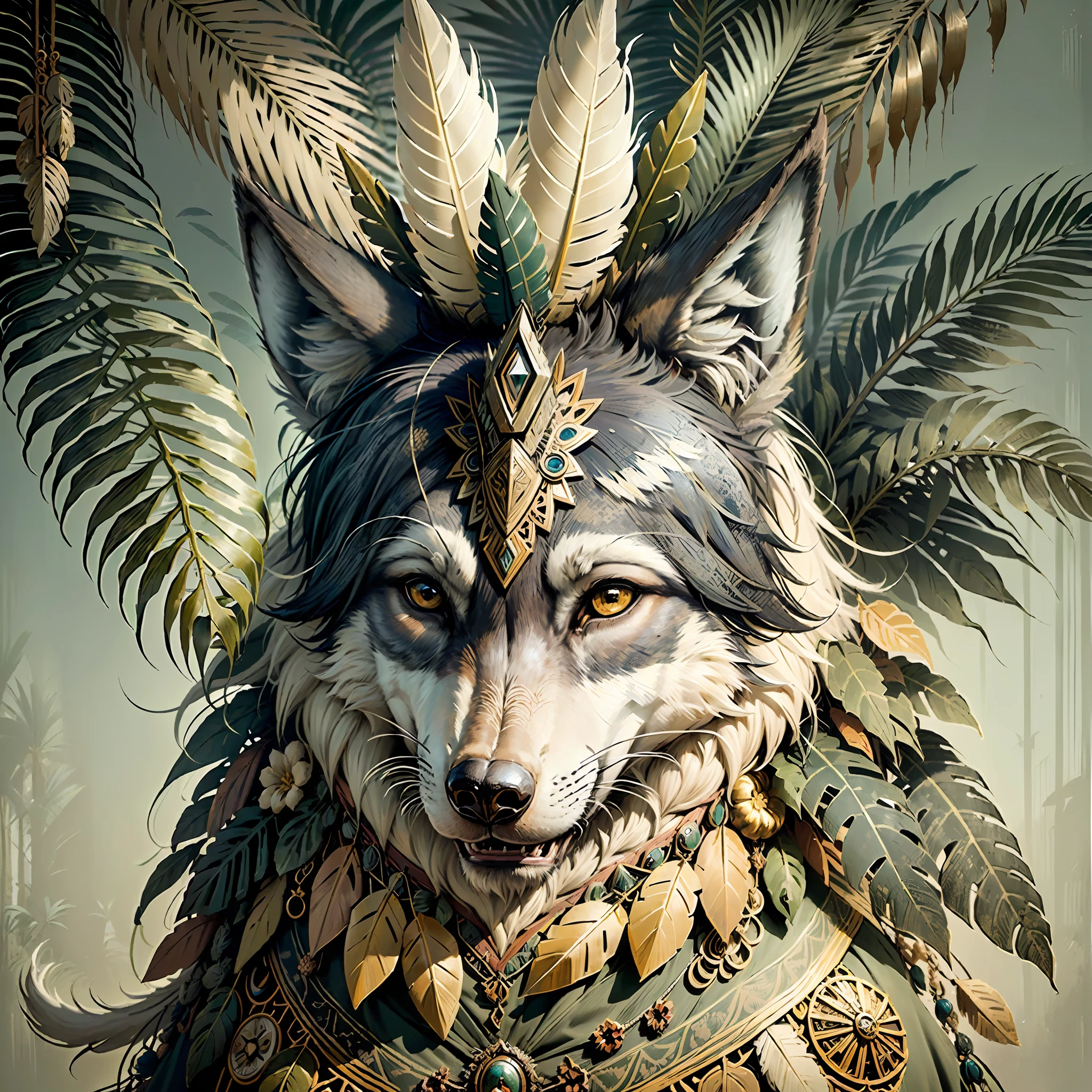 Wolf ((indigenous style)),,((meditative state),,((Wolf head)), elegant, hair with details, with Indian headdress on head, many colored feathers, colored feathers,,facing the camera, detail: dense tropical foliage, highly detailed intricate, ((masterpiece)), ultra hyperrealistic, masterpiece,, by TIm Hildebrandt,,