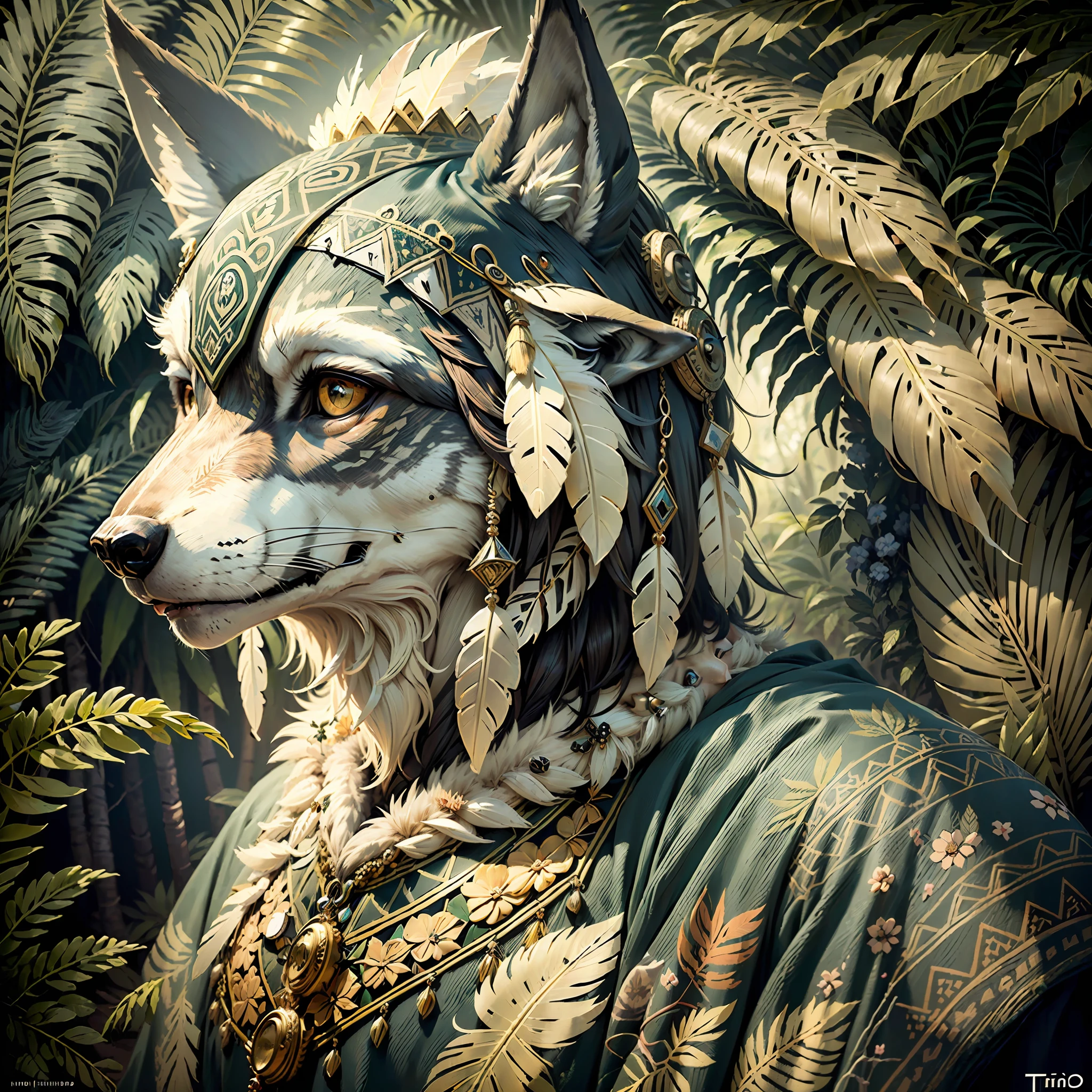 Wolf ((indigenous style)),,((meditative state),,((Wolf head)), elegant, hair with details, with Indian headdress on head, many colored feathers, colored feathers,,facing the camera, detail: dense tropical foliage, highly detailed intricate, ((masterpiece)), ultra hyperrealistic, masterpiece,, by TIm Hildebrandt,,