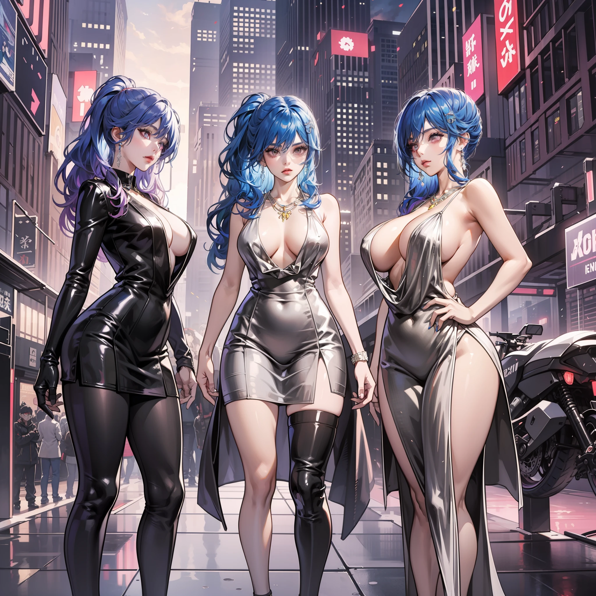 Five women in shiny dresses are posing for photos, trending at CGstation, deviant art station CGScosiety, anime girl, opai cyberpunk, style art germ, anime style 3D, digital cyberpunk - anime art, ig model |Artgerm, digital cyberpunk anime art, three futuristic princes, Artgerm style, anime style. 8K, big breasts, Japanese goddess