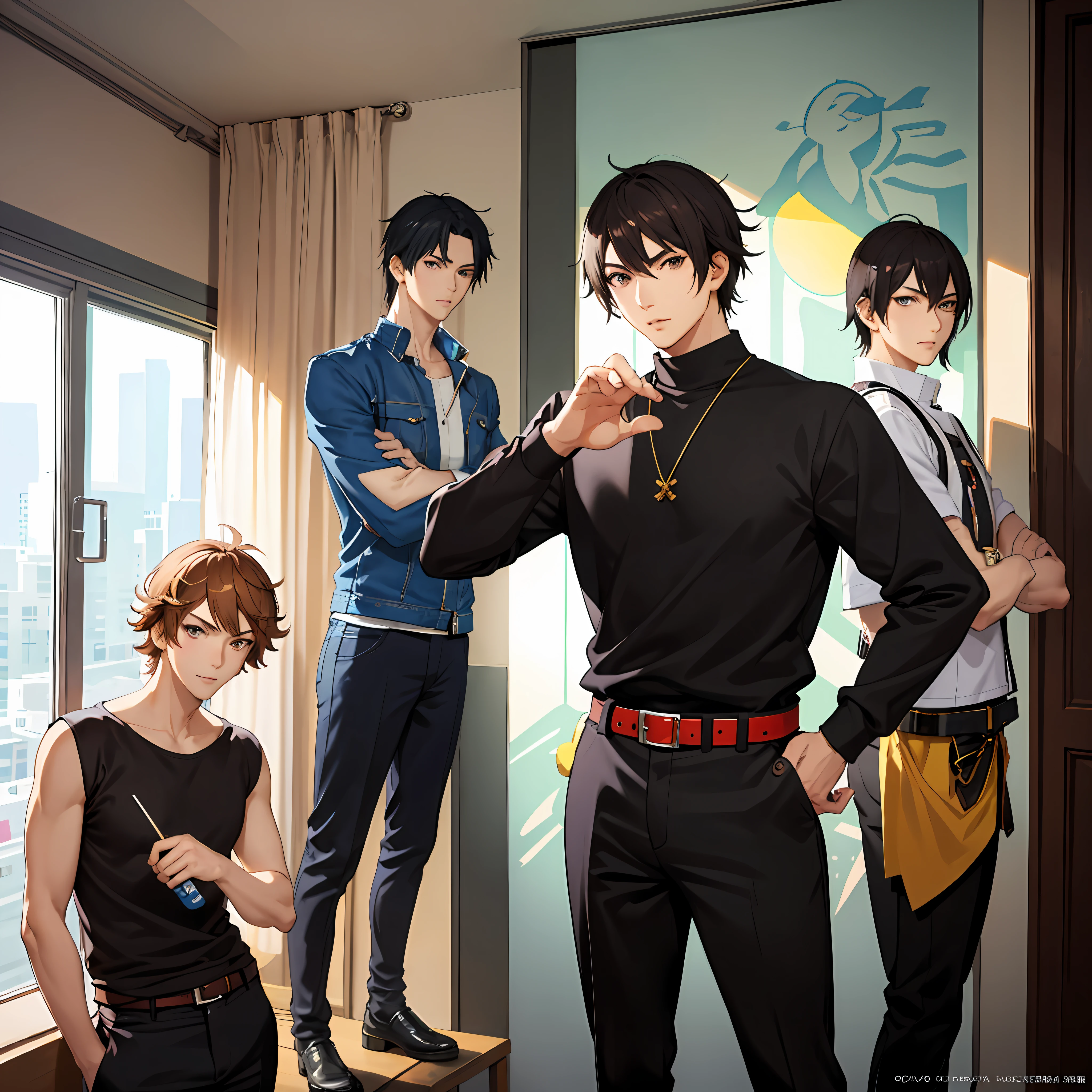 anime characters posing for a photo in front of a window, range murata and artgerm, two anime handsome men, artgerm and genzoman, jin shan and ross tran, ross tran and bayard wu, yiqiang and shurakrgt, akehiko inoue and ross tran, masayoshi suto and artgerm, by Yang J