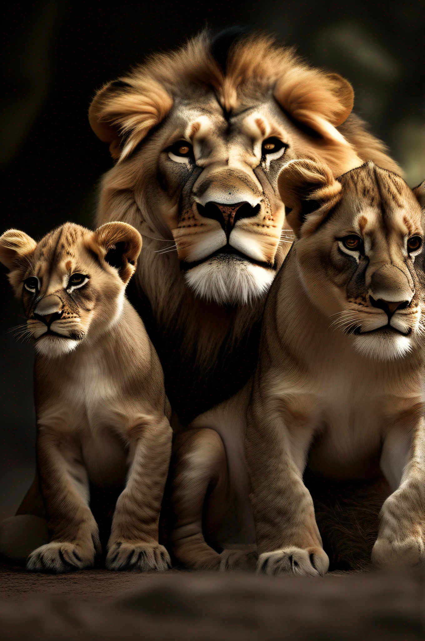 A captivating photograph captures the essence of a lion family, composed of an imposing lion, a mother lioness, and their three adorable cubs. In a regal display, they pose with confidence, asserting their absolute dominance over their kingdom. The scene is set against a black background, creating a stark contrast that directs all attention to the magnificent beasts. Cinematic illumination casts a dramatic glow, enhancing the power and presence of the family. The realistic portrayal of the animals, reminiscent of Nick Brandt's exceptional wildlife photography, evokes a sense of awe and admiration. This high-resolution digital image immerses the viewer in the wild beauty of nature, showcasing the bond and strength of the lion family. The color scheme emphasizes natural tones, capturing the true essence of these majestic creatures. Every detail is meticulously captured, resulting in a super-defined image that brings the lions to life.