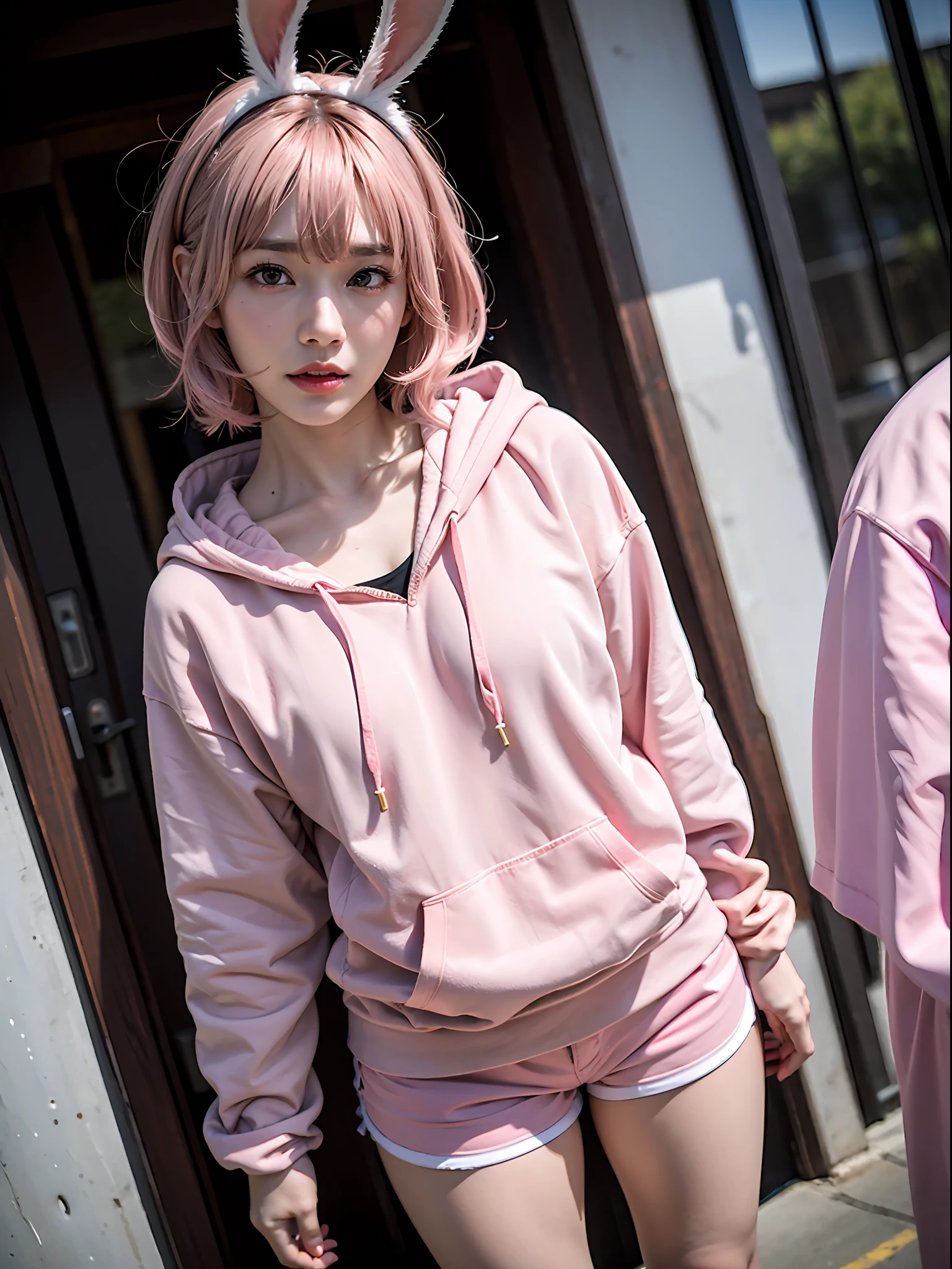 (8k, RAW photo, top quality, masterpiece: 1.2), (realistic, photorealistic: 1.37), 1 girl, medium hair, (small breasts), (pink eyes), pink hair, (rabbit ears), cosplay, hoodie, (short shorts), solo focus,