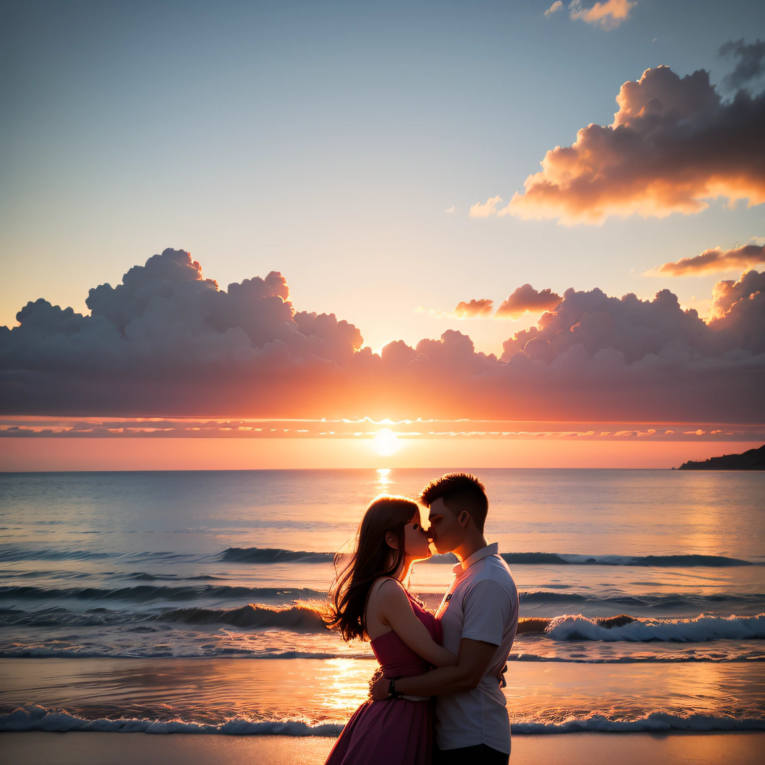 Lovers hugging by the sea in the sunset --auto